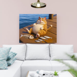 raxxa Canva: Endlich satt - dicker Kater mit Fisch