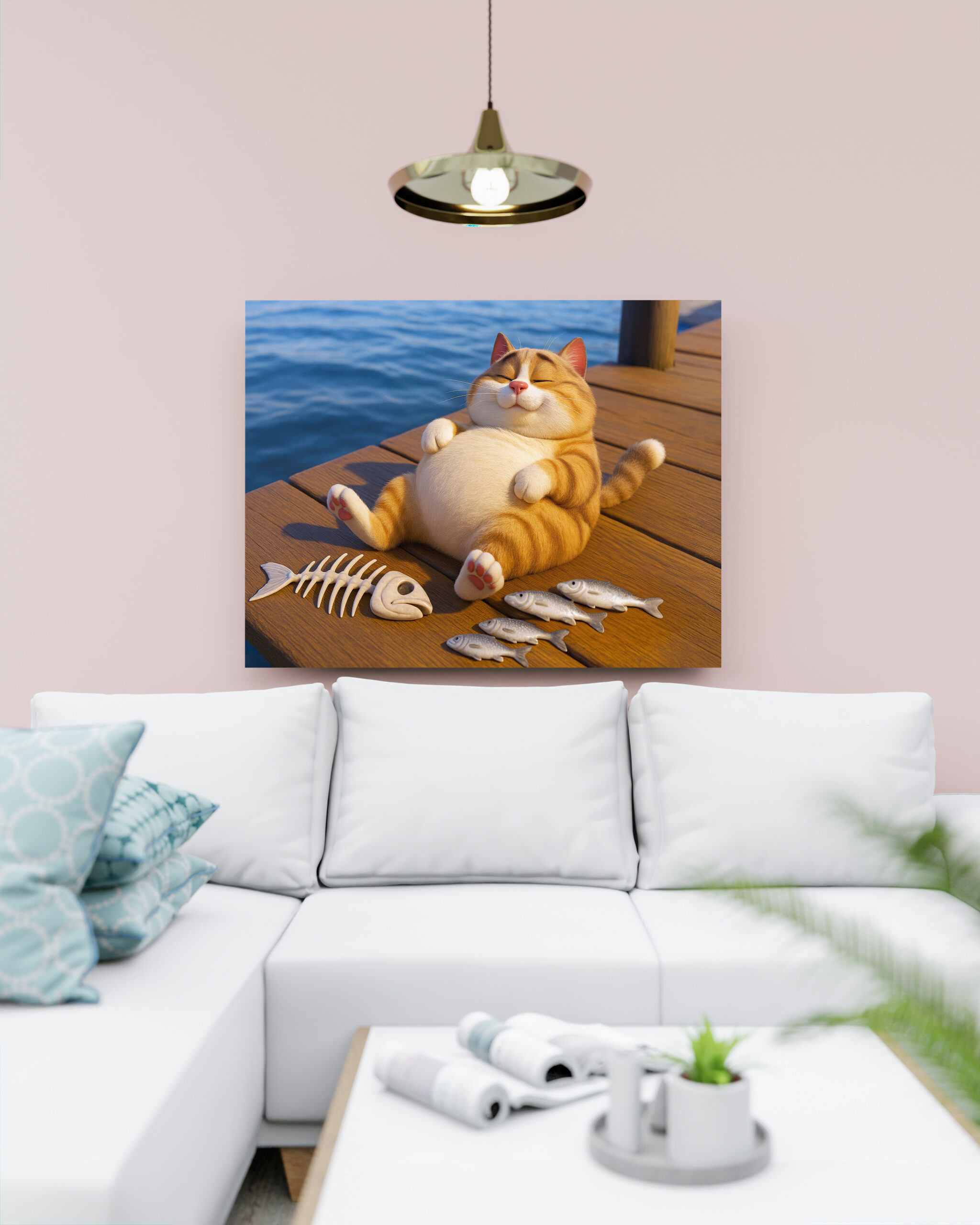 raxxa Canva: Endlich satt - dicker Kater mit Fisch