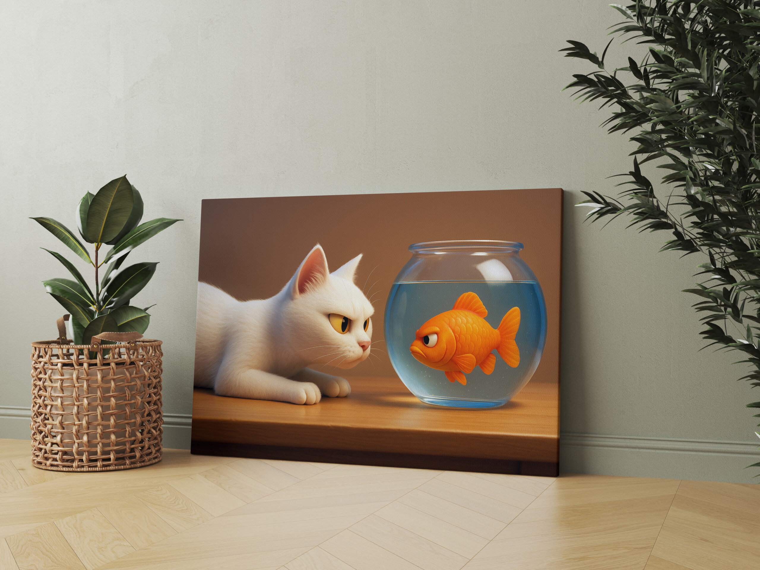 raxxa Canva: Sie werden keine Freunde - Katze und Fisch im Aquarium