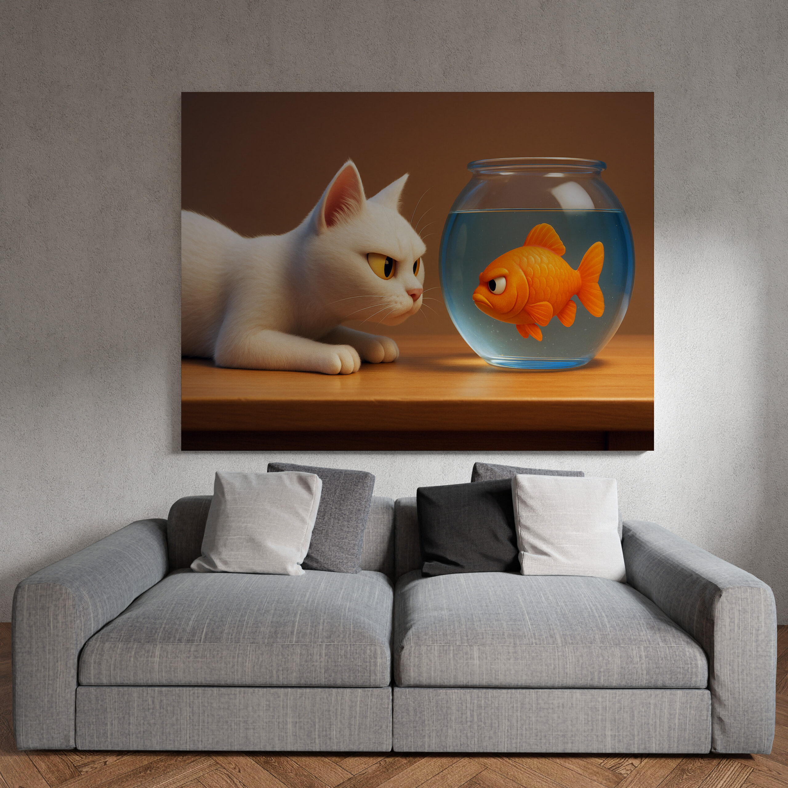 raxxa Canva: Sie werden keine Freunde - Katze und Fisch im Aquarium - immagine 2