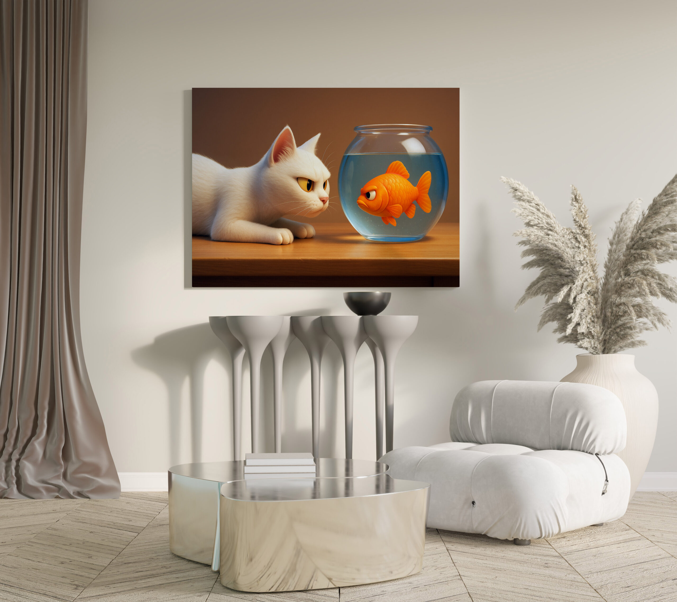 raxxa Canva: Sie werden keine Freunde - Katze und Fisch im Aquarium - immagine 3