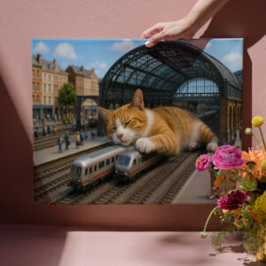 raxxa Canva: Heute Verspätung. Katze schläft auf der Eisenbahn