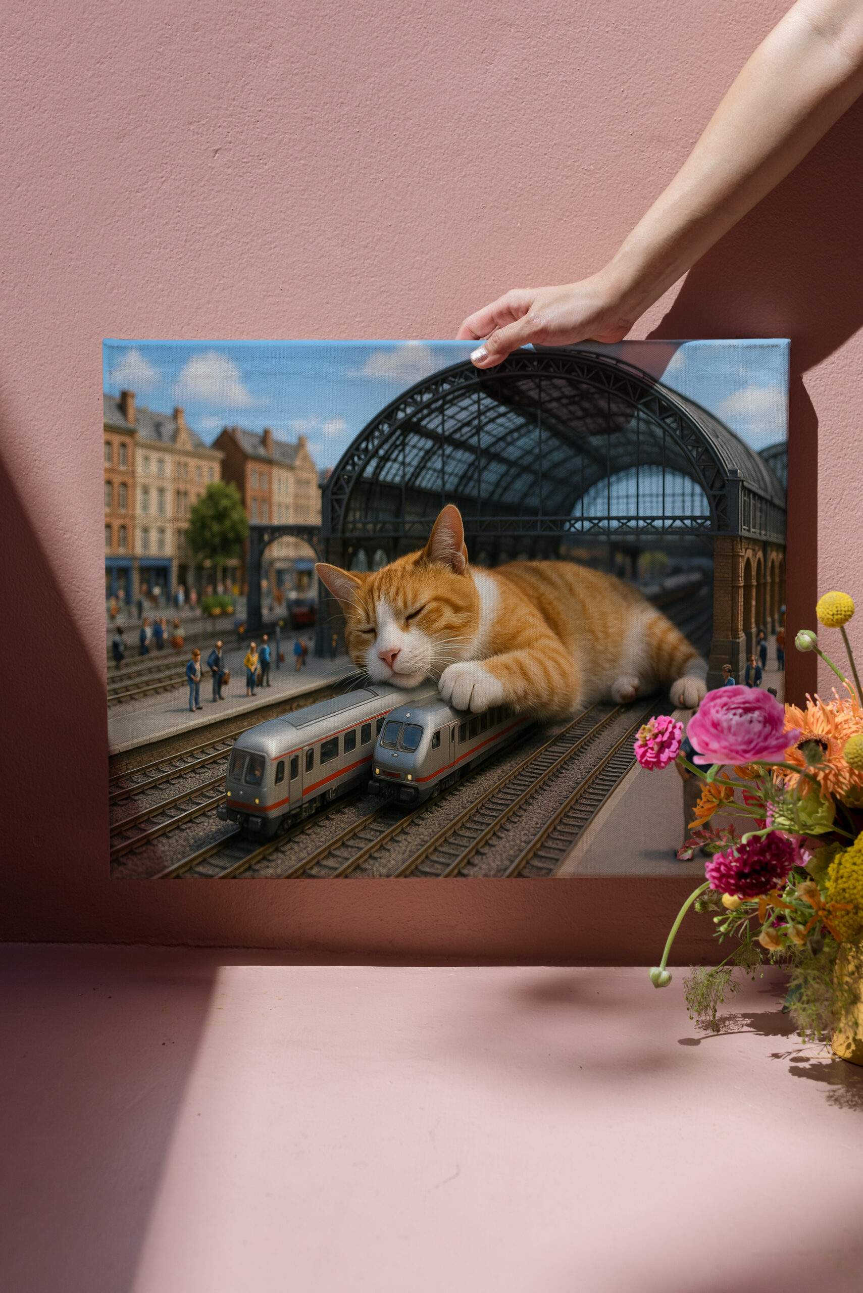 raxxa Canva: Heute Verspätung. Katze schläft auf der Eisenbahn