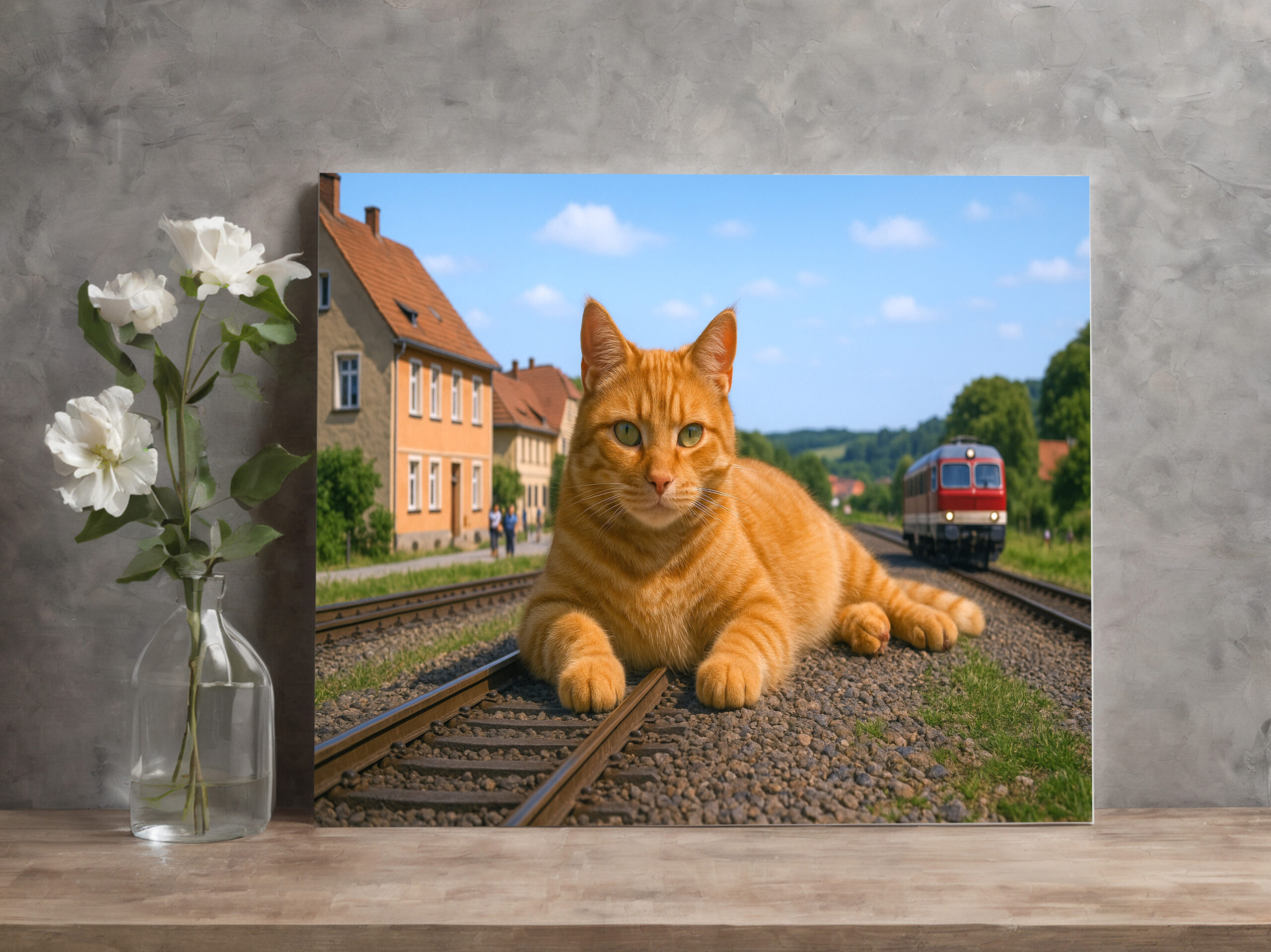 raxxa Canva: Der Zug fährt erst, wenn ich das will - Roter Kater auf den Gleisen - immagine 2