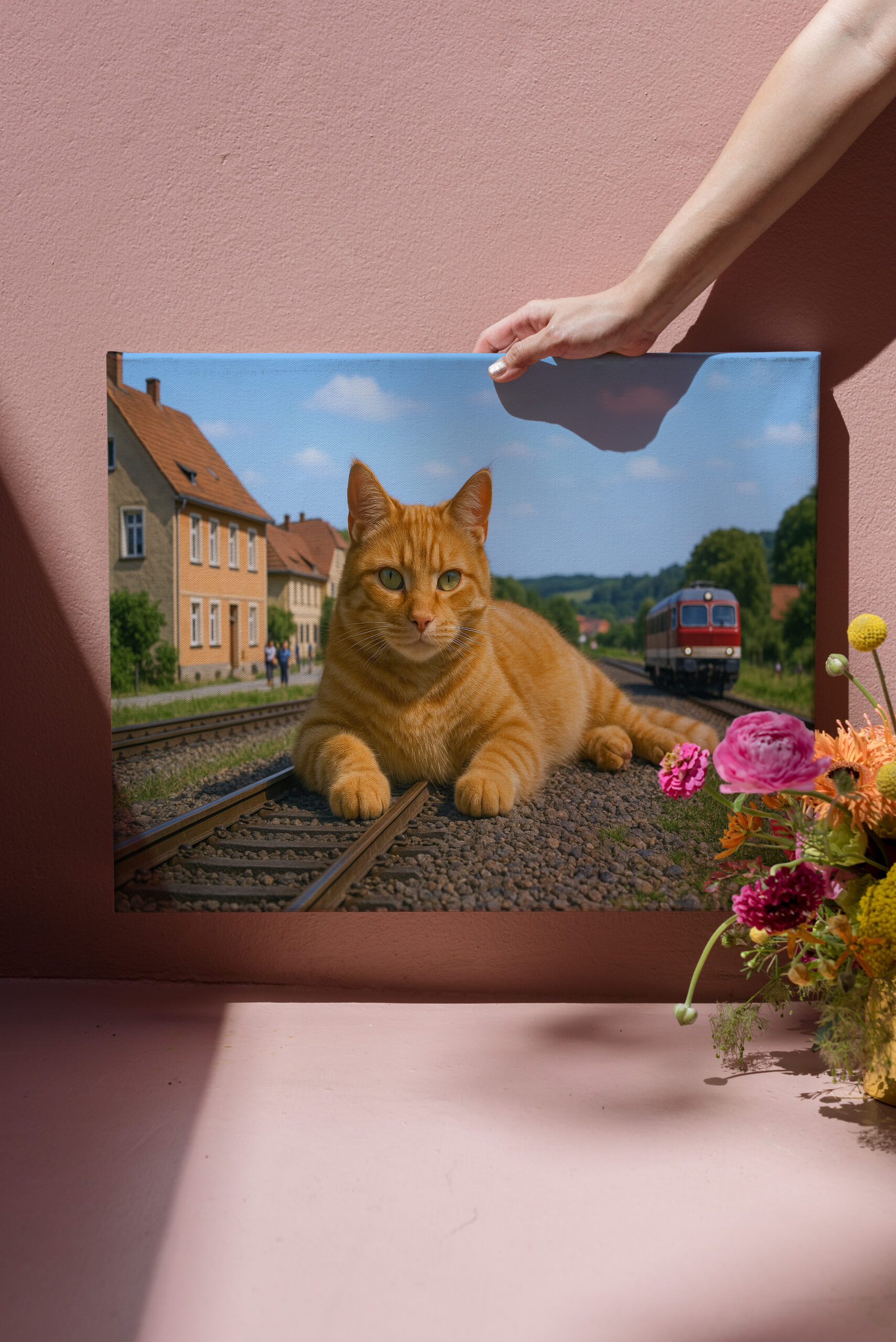 raxxa Canva: Der Zug fährt erst, wenn ich das will - Roter Kater auf den Gleisen - immagine 3