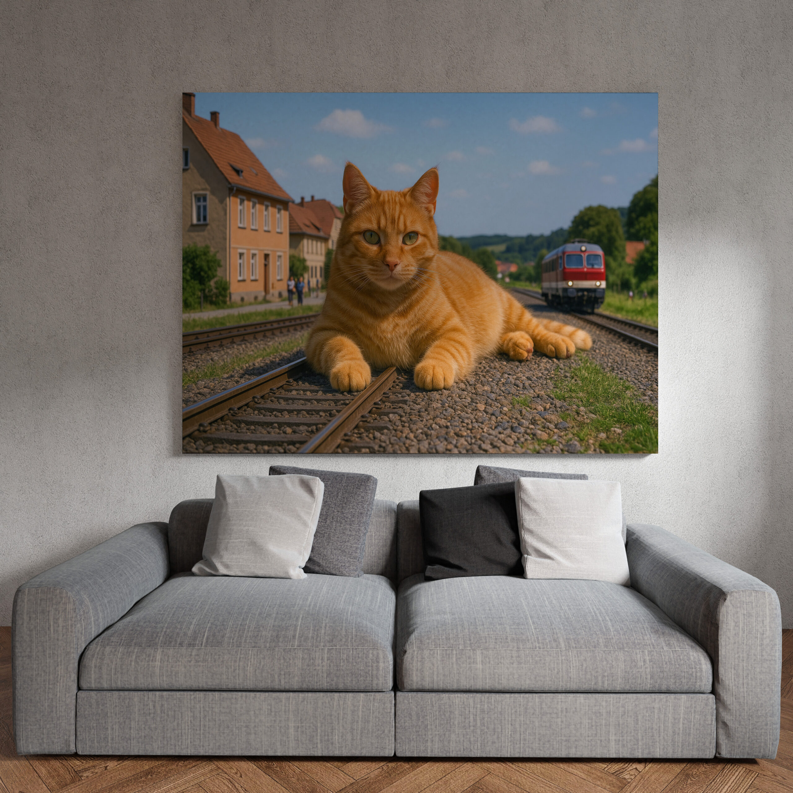 raxxa Canva: Der Zug fährt erst, wenn ich das will - Roter Kater auf den Gleisen