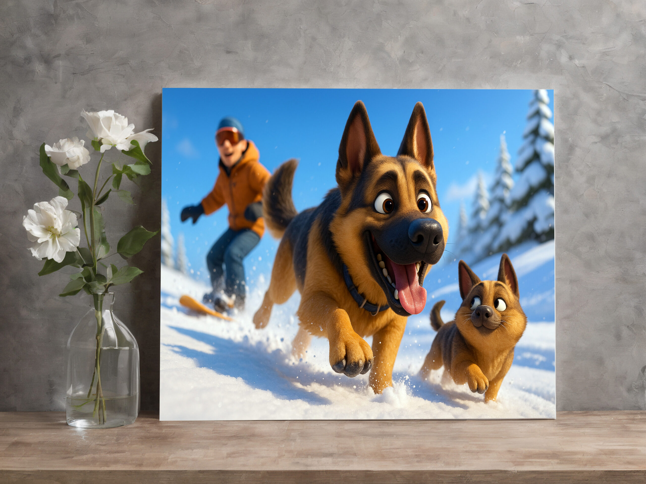 raxxa Canva: Schäferhund und Welpe im Schnee mit Herrchen - Imagen 2