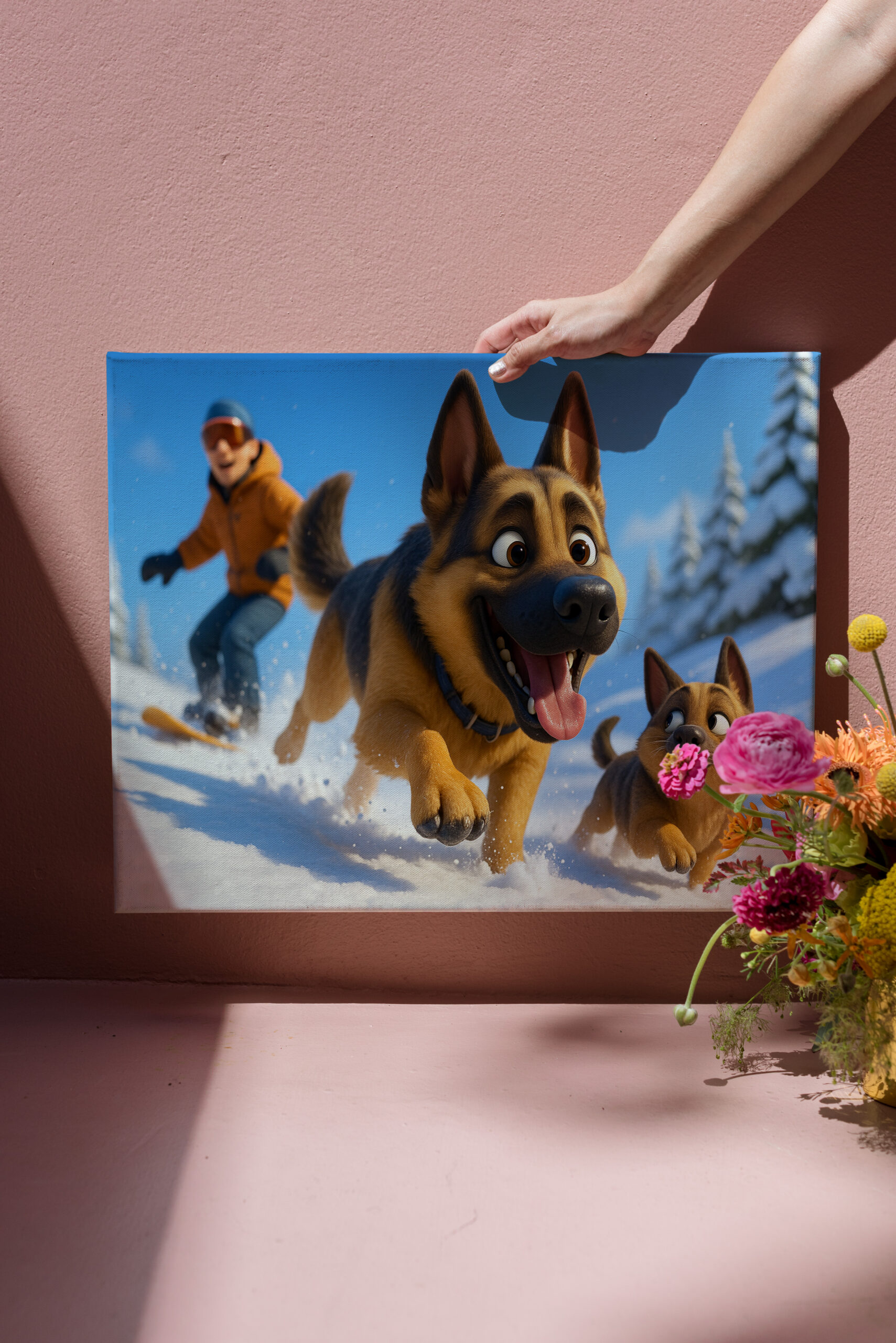 raxxa Canva: Schäferhund und Welpe im Schnee mit Herrchen - Imagen 3