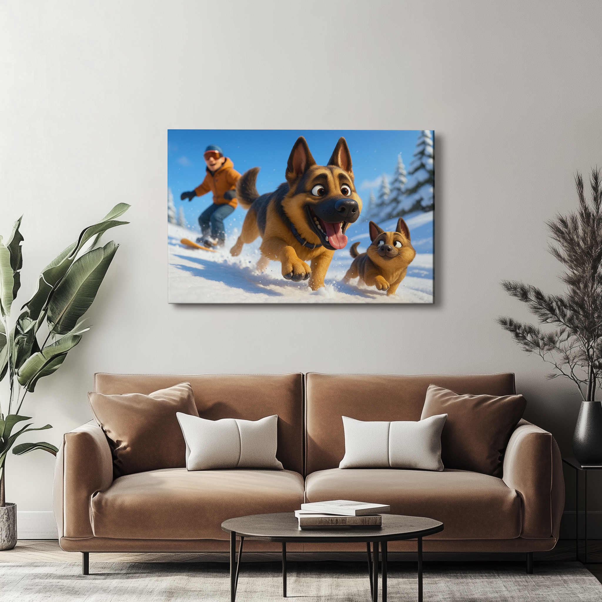 raxxa Canva: Schäferhund und Welpe im Schnee mit Herrchen