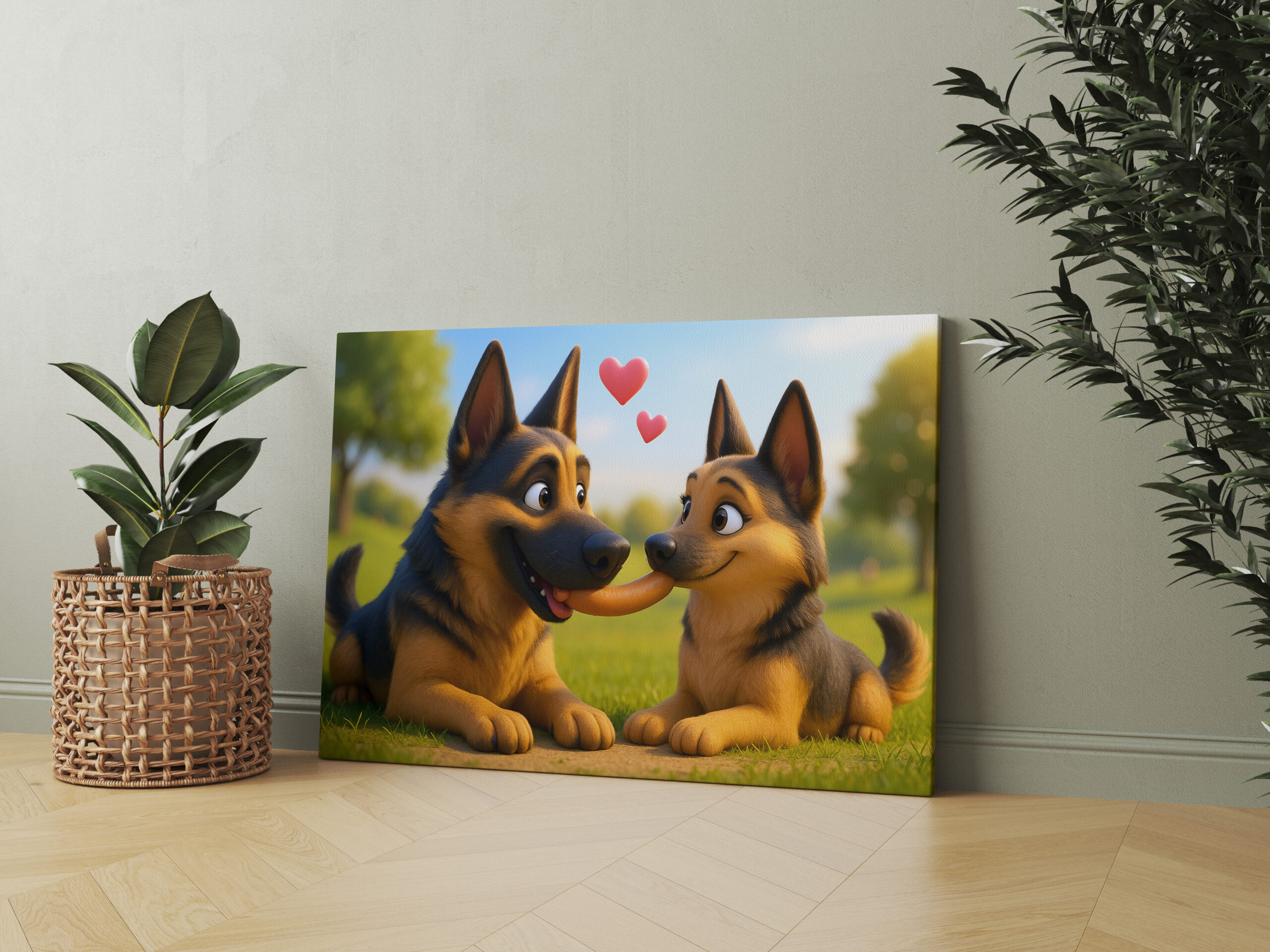 raxxa Canva: Schäferhund mit seiner großen Liebe und Wurstgeschenk