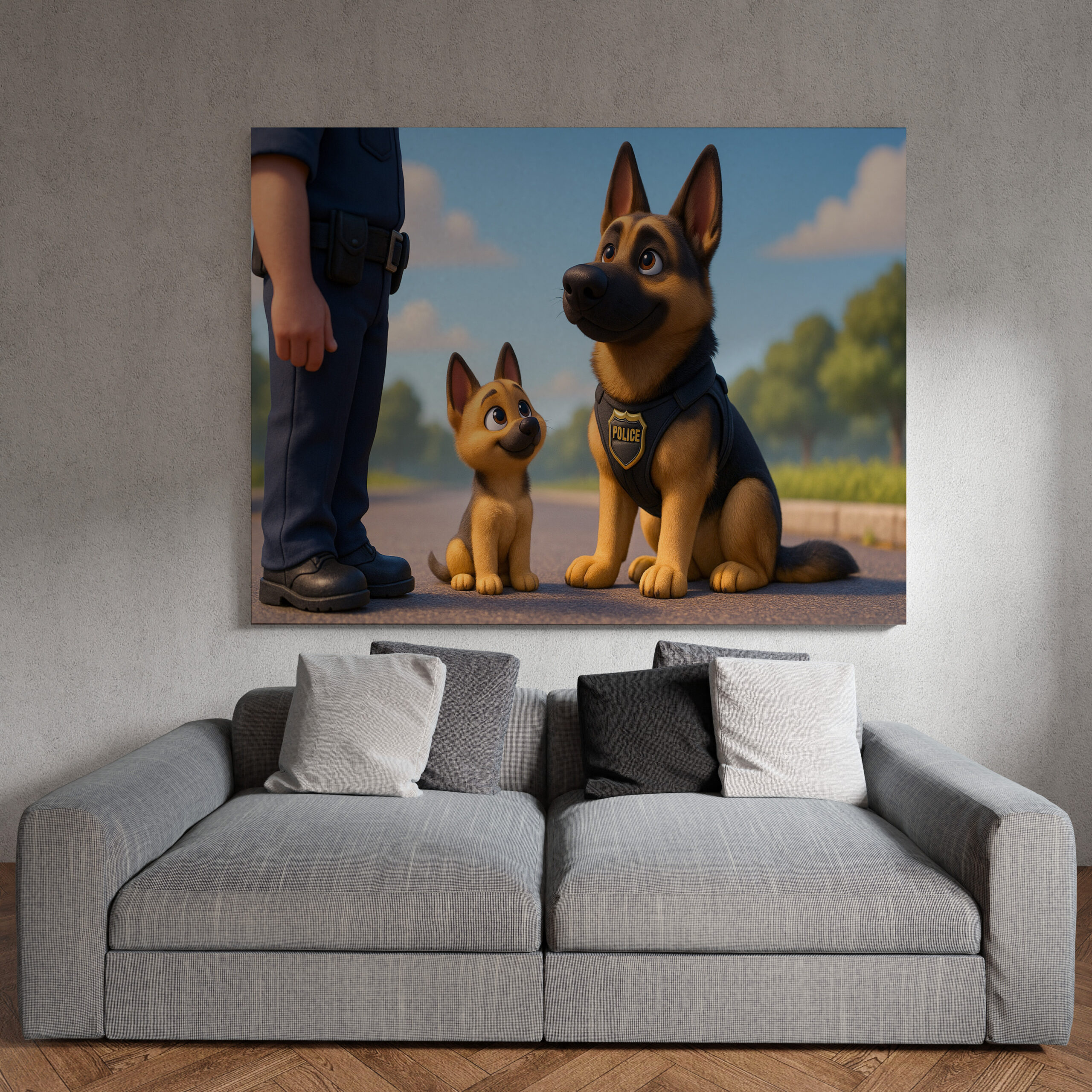 raxxa Canva: Schäferhund und Welpe beim Polizeidienst