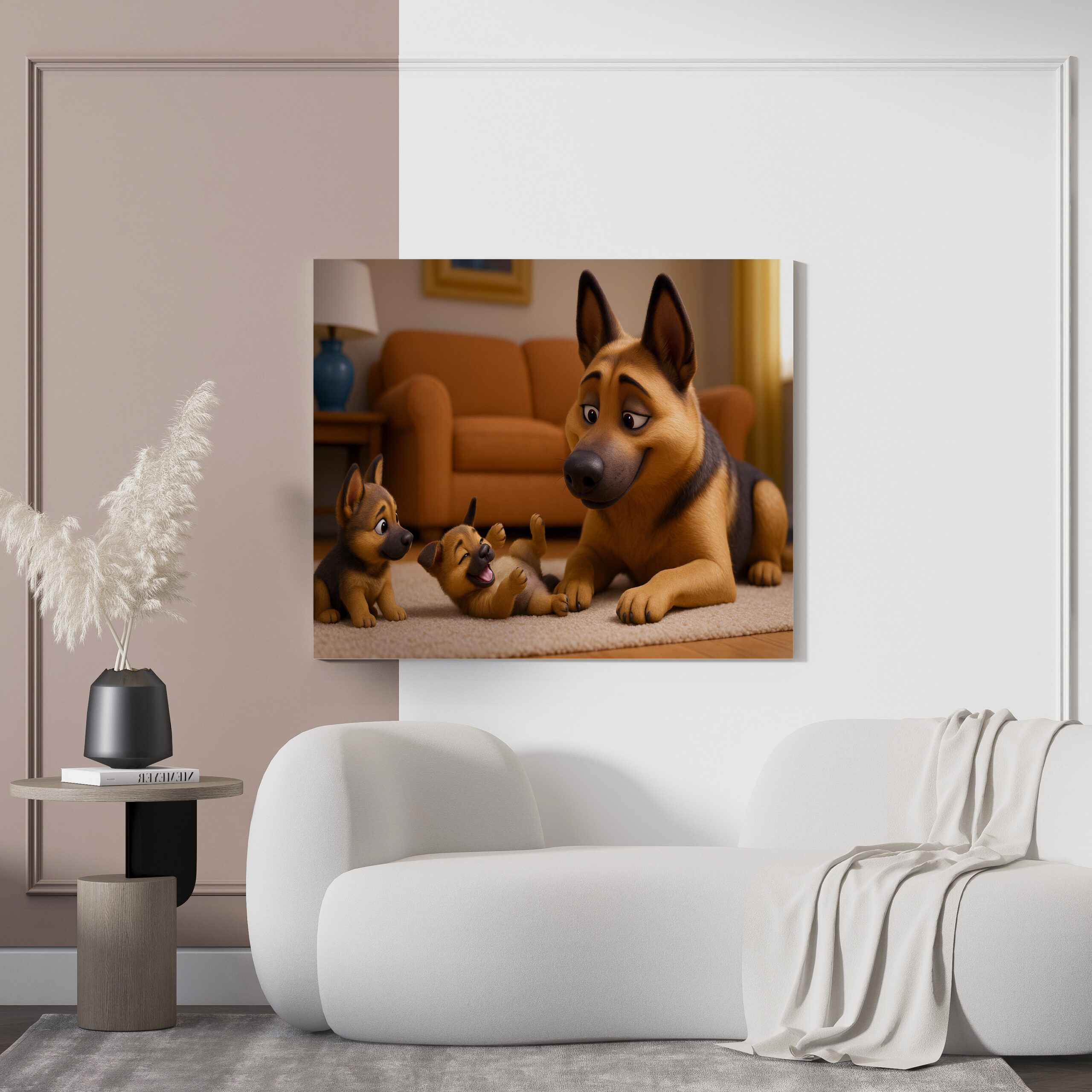 raxxa Canva: Schäferhund mit seinen Welpen in der Wohnung