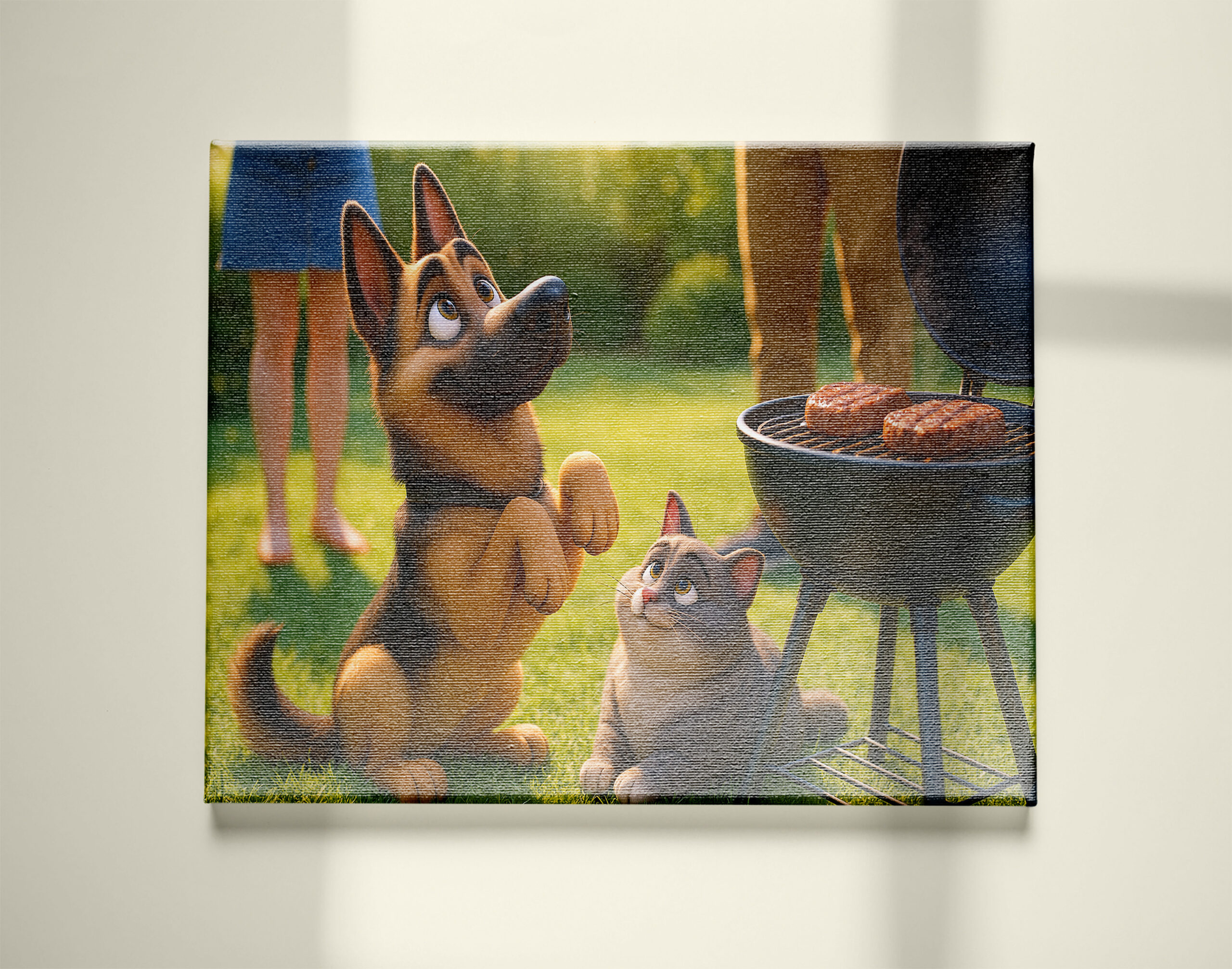 raxxa Canva: Zwei Freunde beim grillen - Schäferhund und Kater