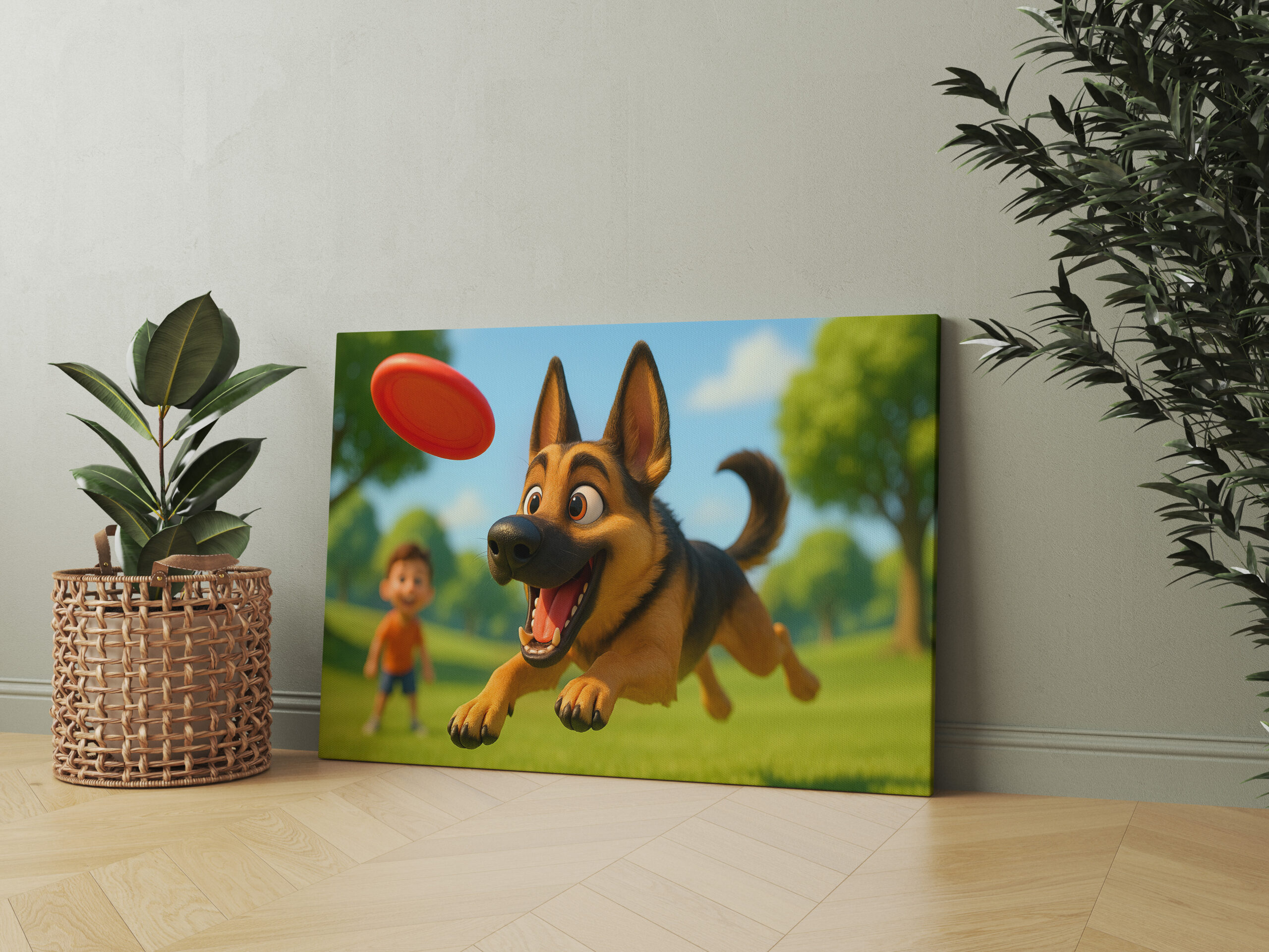 raxxa Canva: Schäferhund beim Frisbee fangen