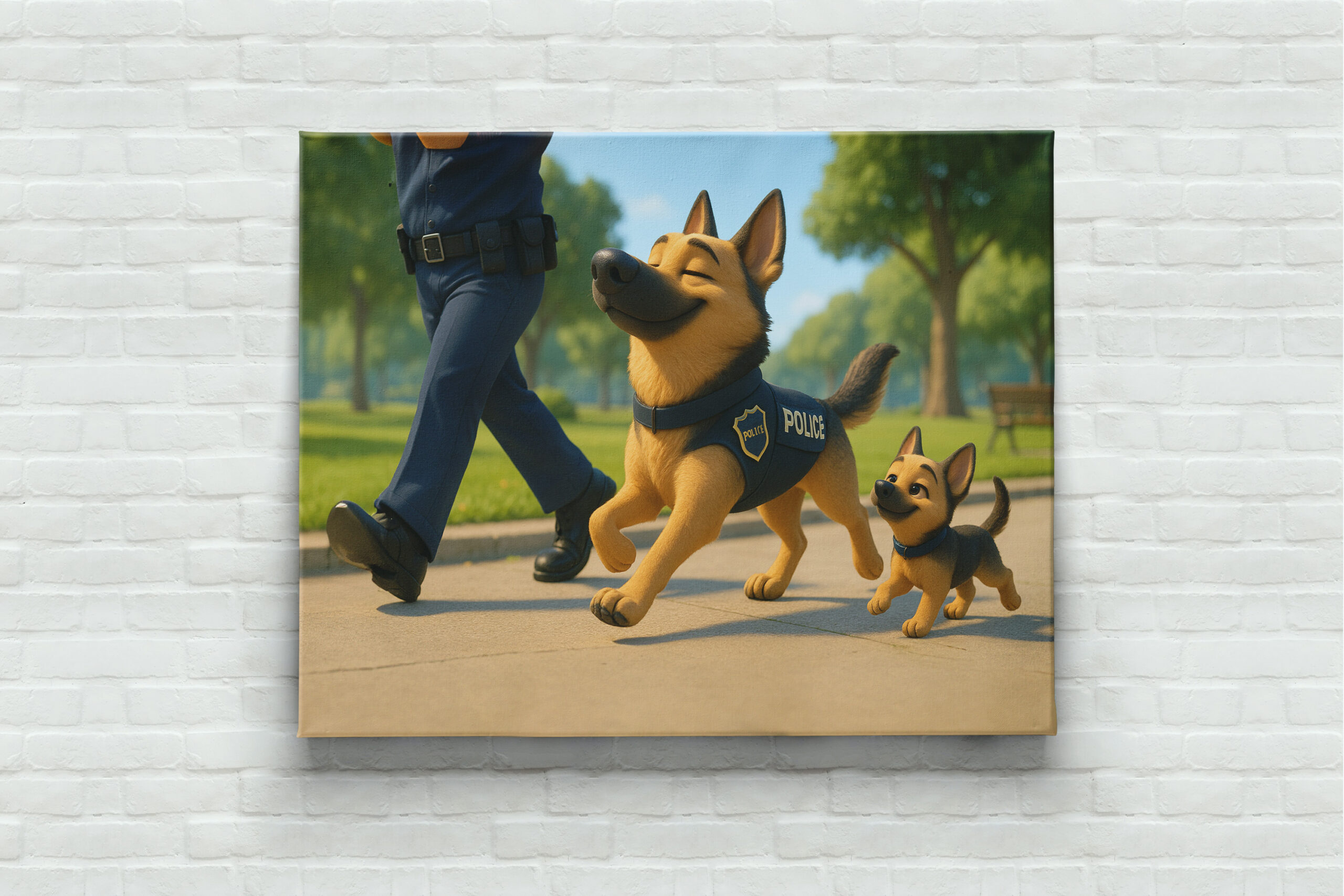 raxxa Canva: Stolzer Schäferhund und Welpe beim Polizeidienst