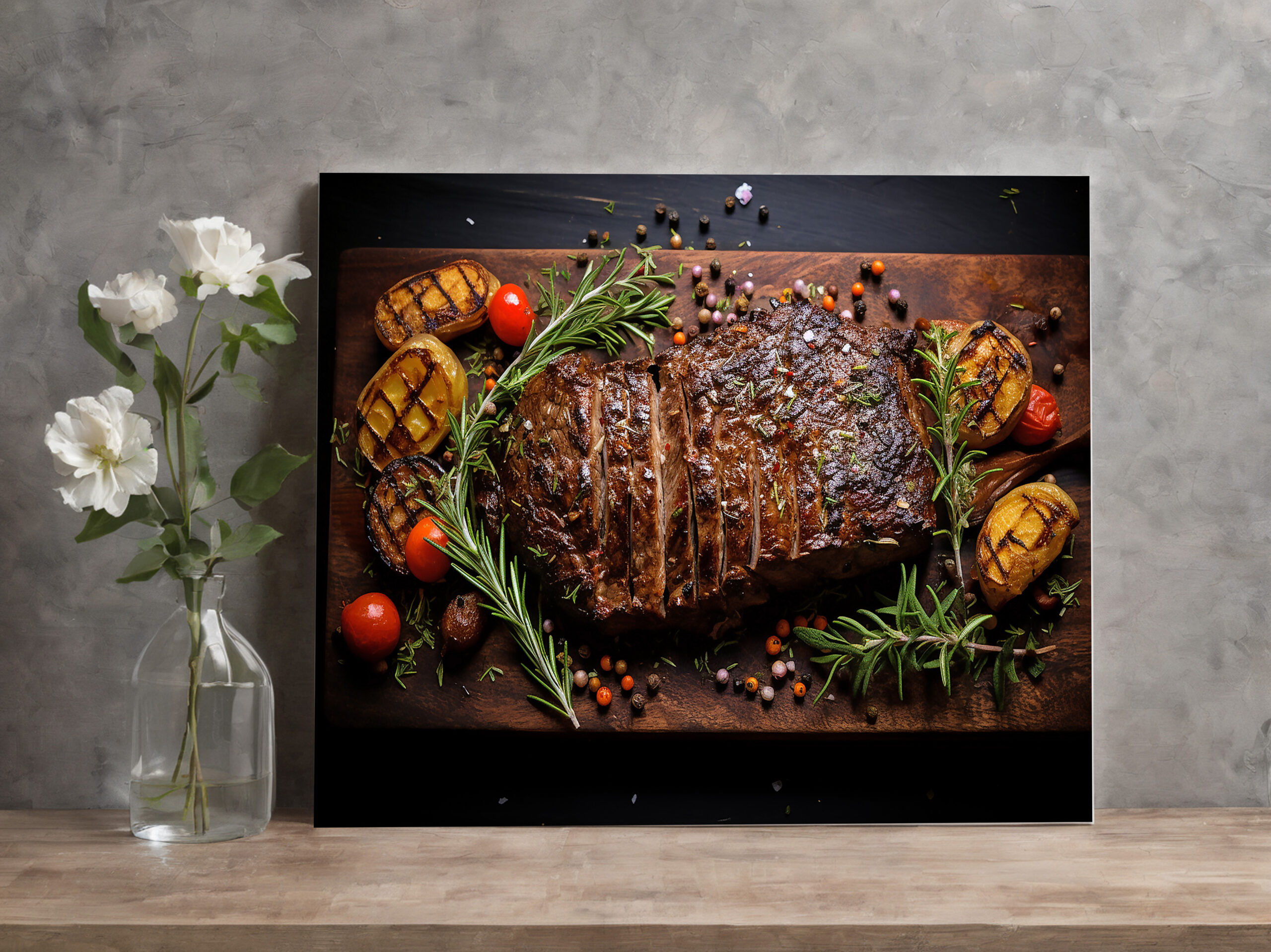 raxxa Canva: Arrangement eines leckeren Steak mit Rosmarin