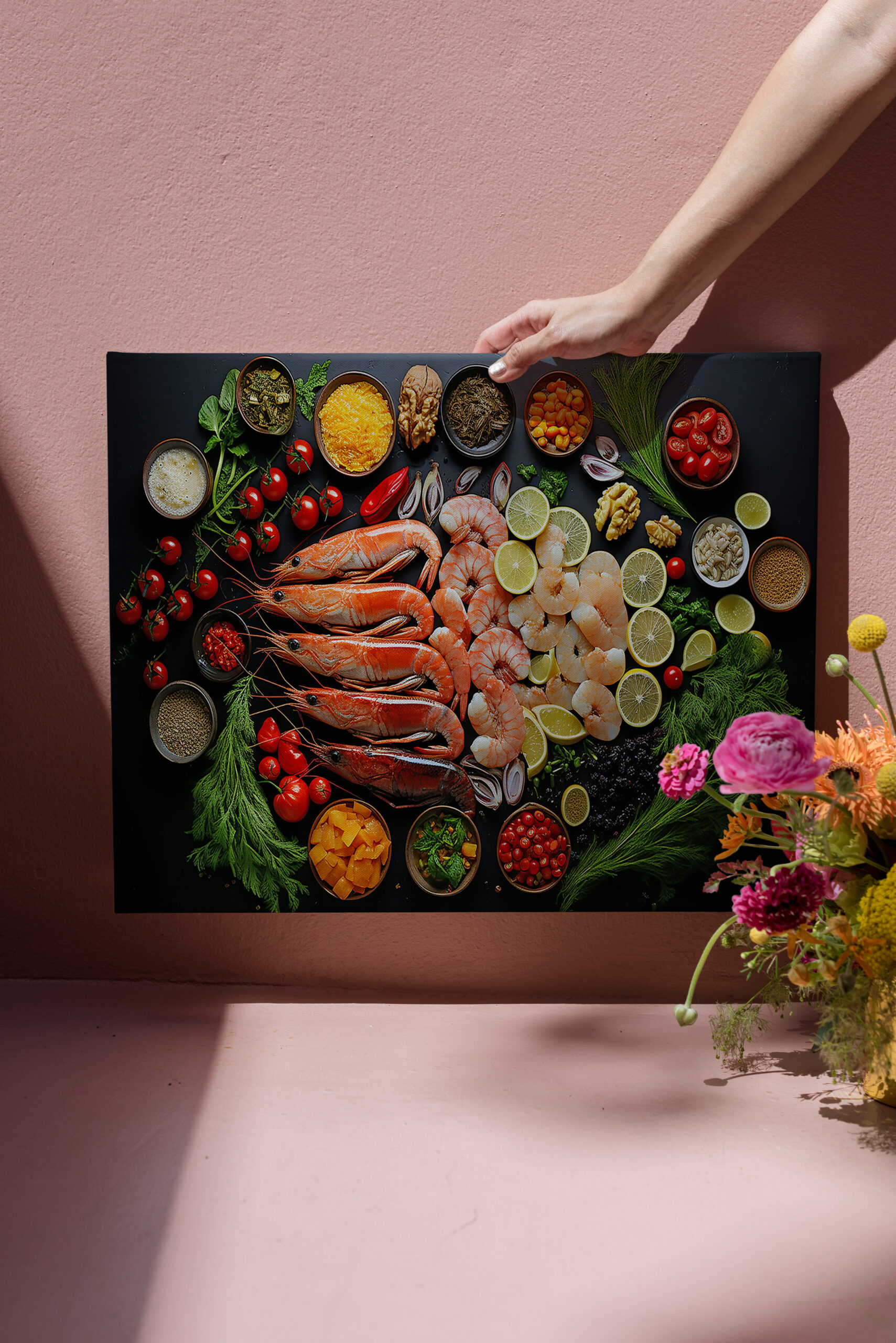 raxxa Canva: Arrangement mit Shrimps und Gemüse