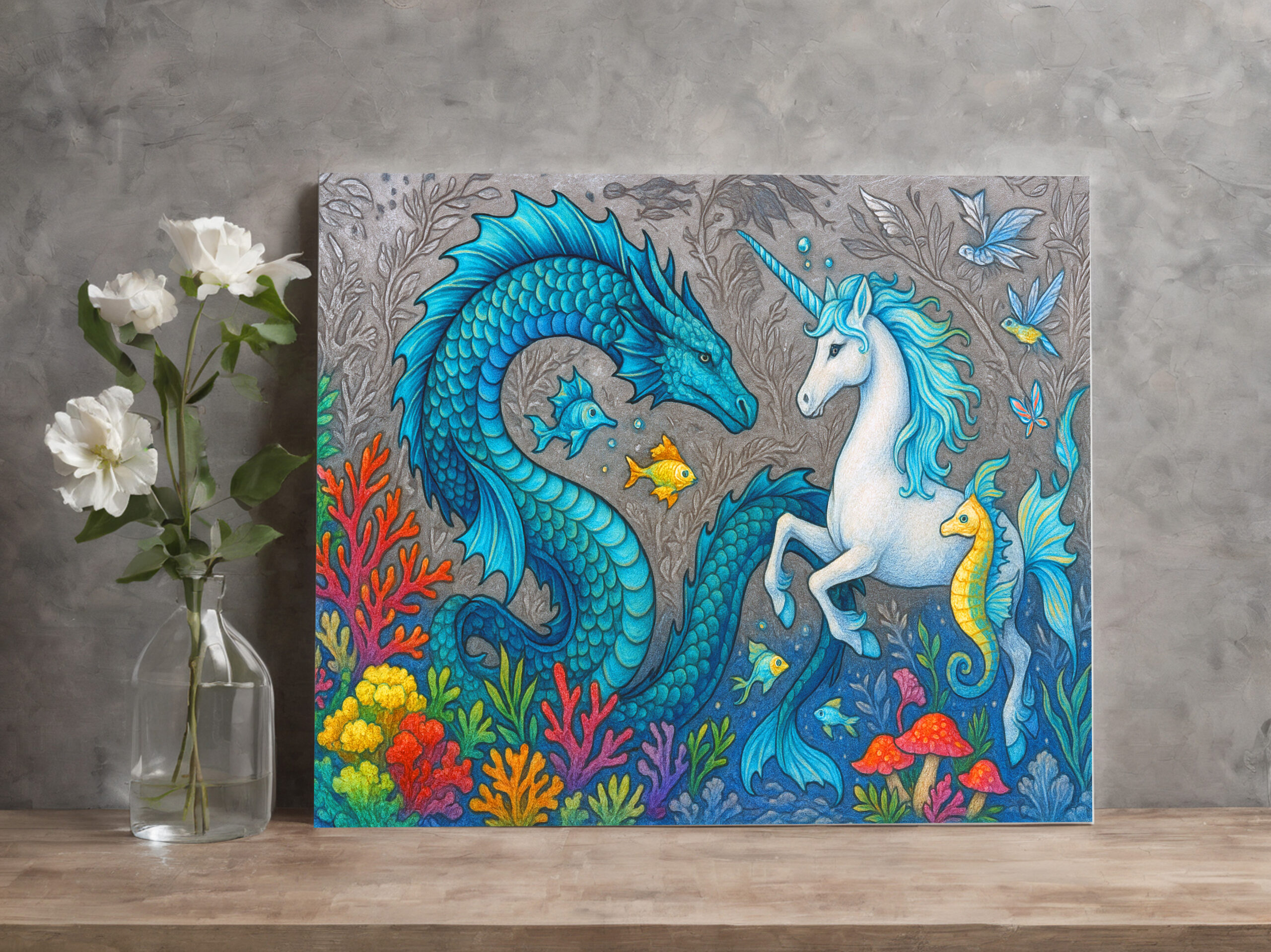 raxxa Canva: Wasserdrache und Seepferdchen-Einhorn - mystische Wesen
