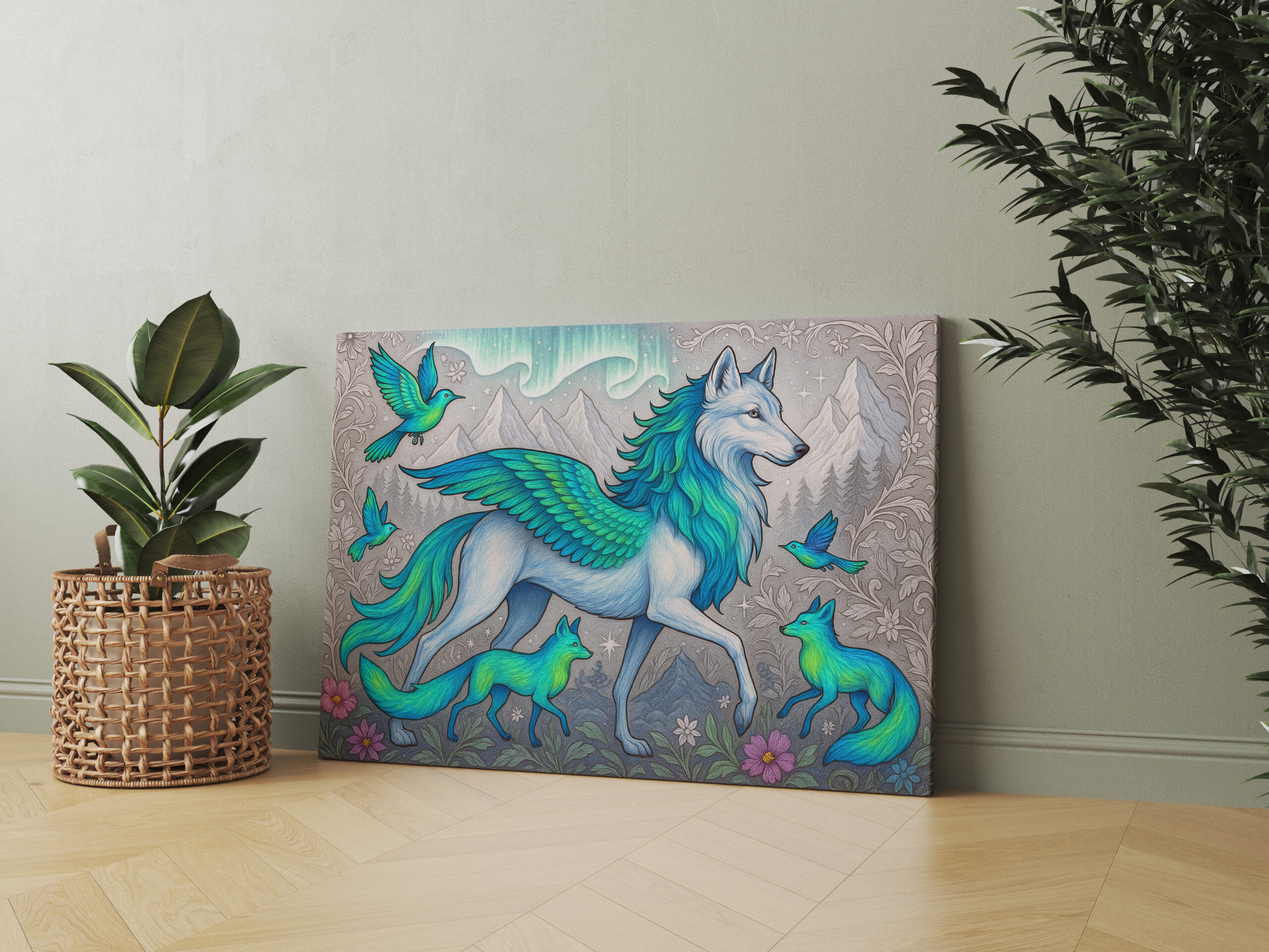 raxxa Canva: Fenrir-Wolf und Nordlichter-Füchse - mystische Wesen