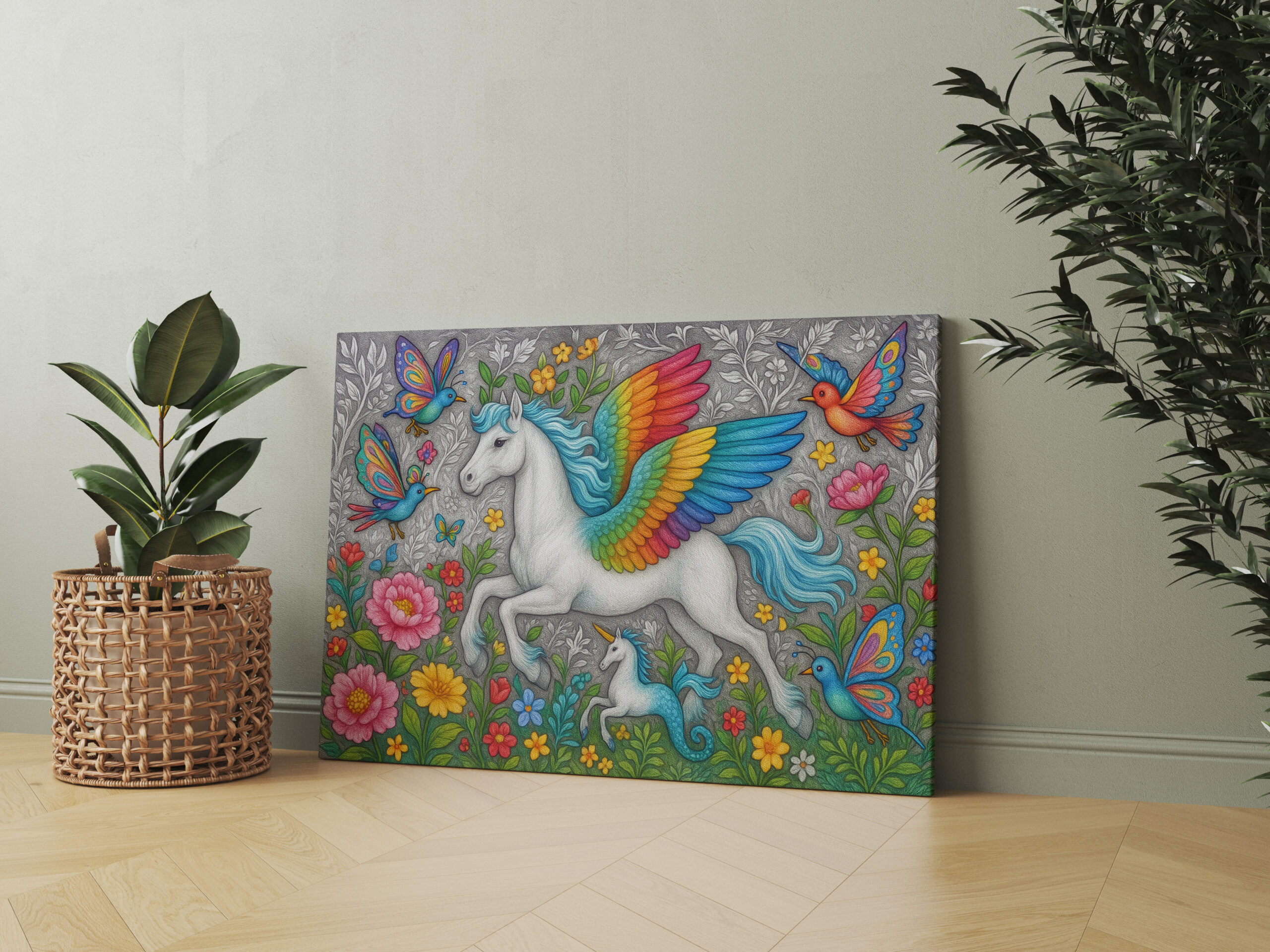 raxxa Canva: Regenbogenpegasus und Kristallvögel - mystische Wesen