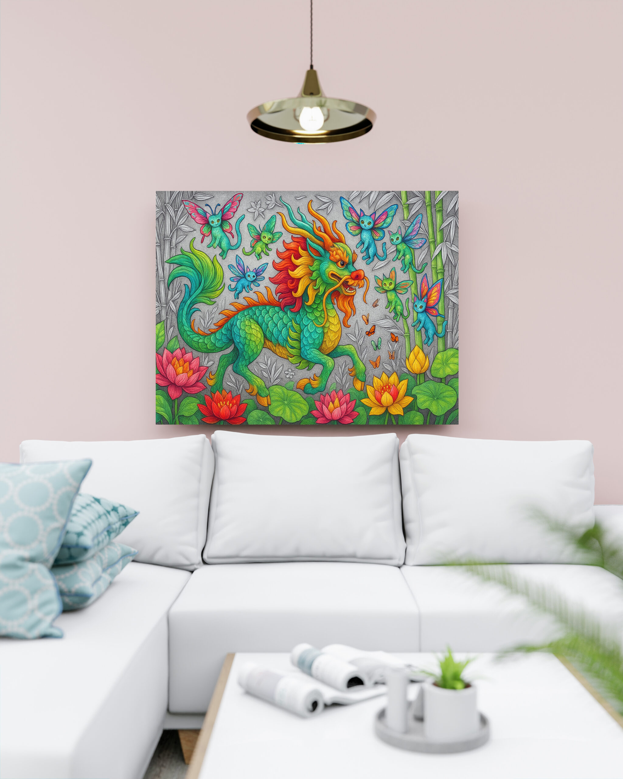 raxxa Canva: Chinesischer Qilin und Libellenkatzen - mystische Wesen