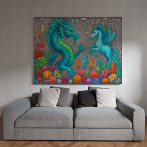 raxxa Canva: Wasserdrache und Seepferdchen-Einhorn - Wesen der Mystik