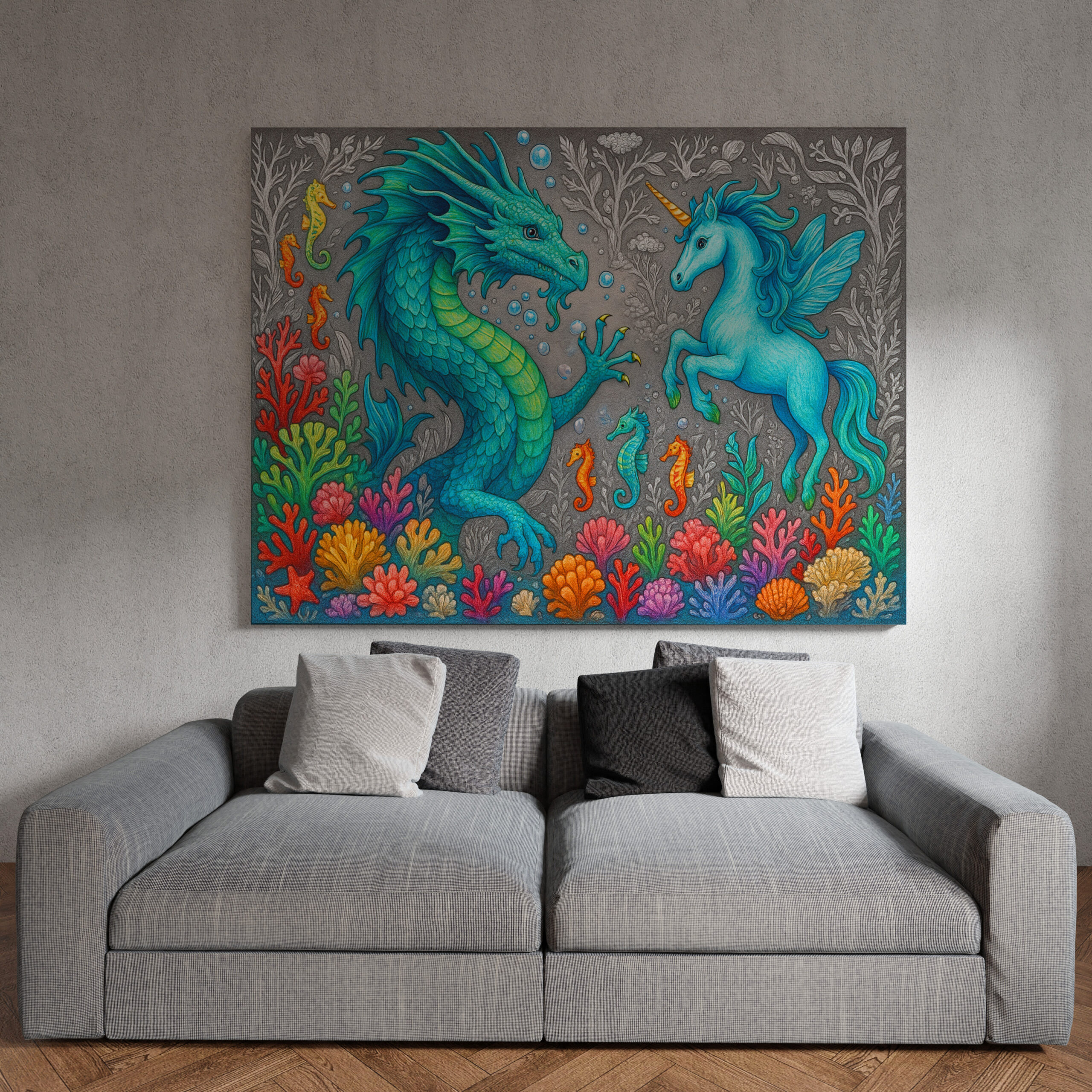 raxxa Canva: Wasserdrache und Seepferdchen-Einhorn - Wesen der Mystik