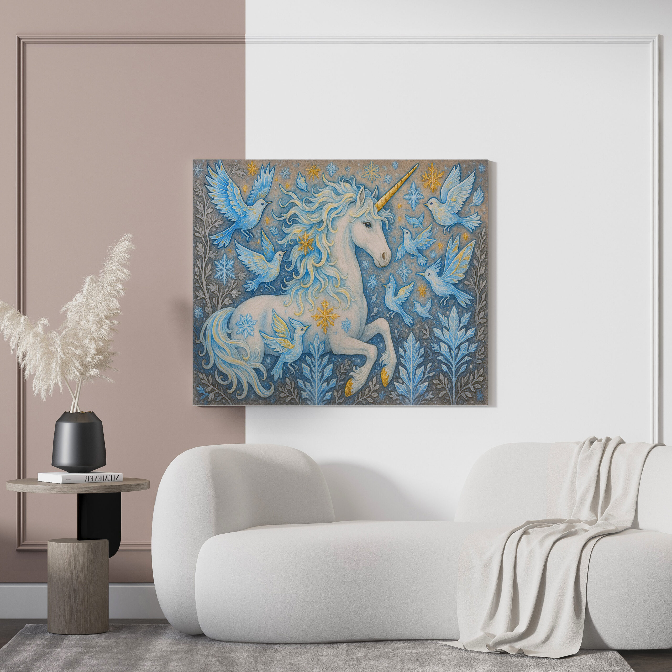 raxxa Canva: Schneeeinhorn und Eiskristall-Vögel - Wesen der Mystik - immagine 3