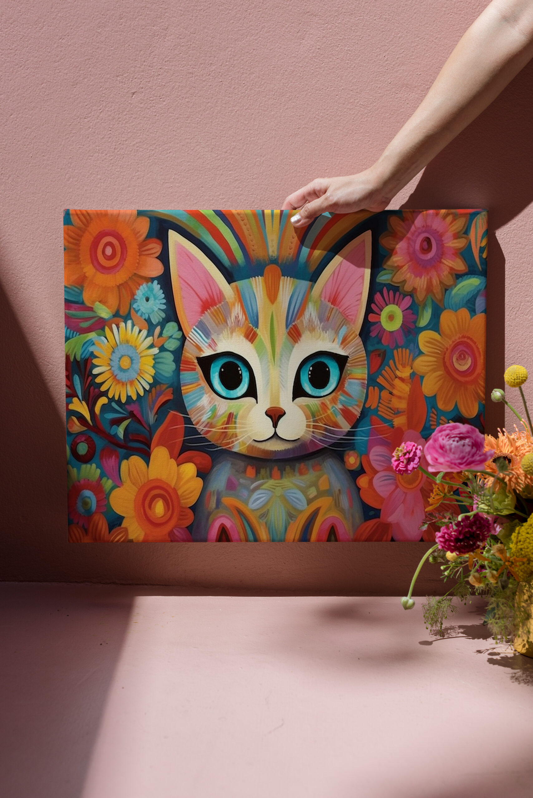 raxxa Canva: Fröhliche Katzenkunst Im Stil von Frieda Kahlo