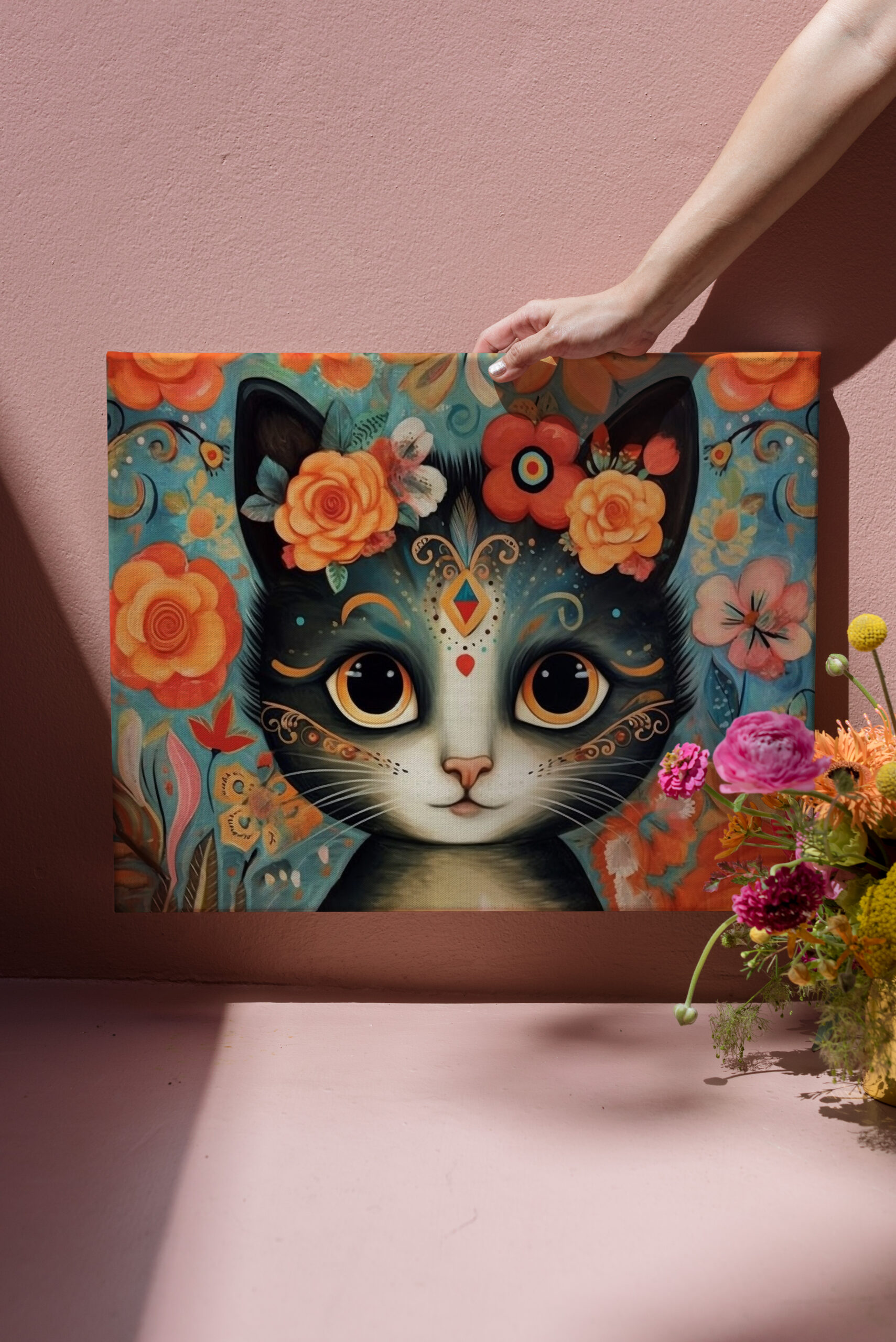 raxxa Canva: Fröhliche Katzenkunst Im Stil von Frieda Kahlo
