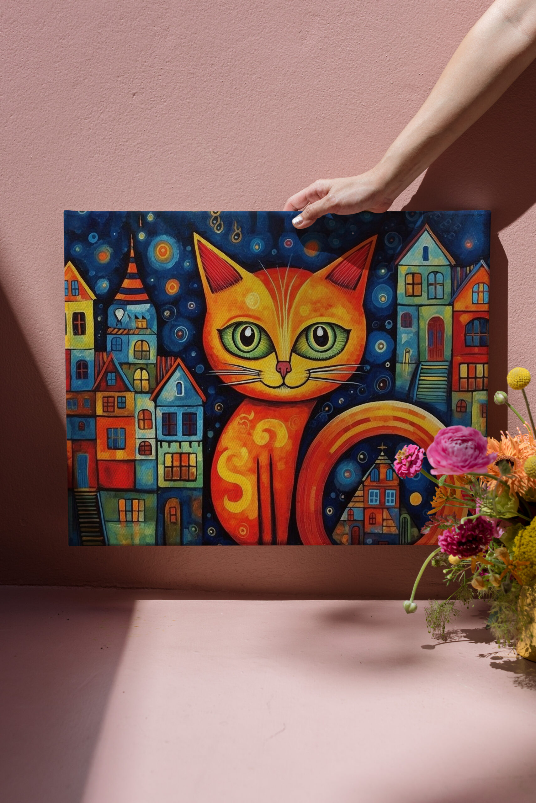 raxxa Canva: Fröhliche Katzenkunst Im Stil von Friedensreich Hundertwasser