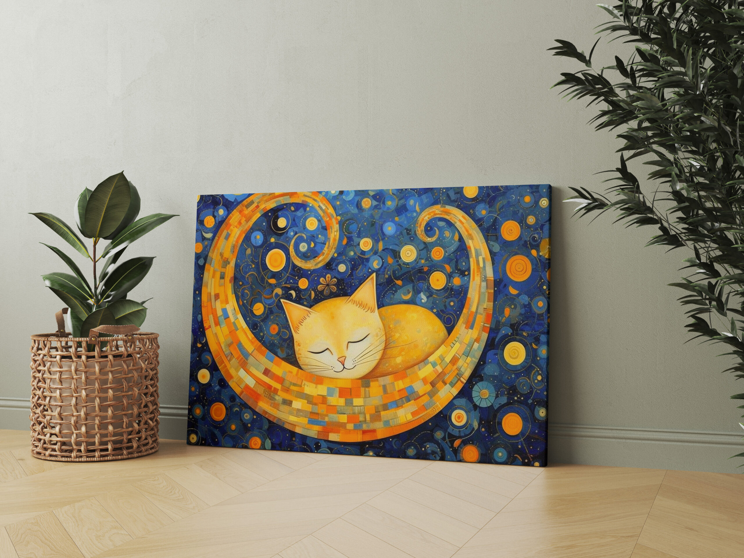 raxxa Canva: Fröhliche Katzenkunst Im Stil von Gustav Klimt