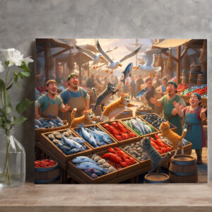 raxxa Canva: Fischfang mal anders - lustiges Treiben von Katzen und Möwen auf dem Fischmarkt