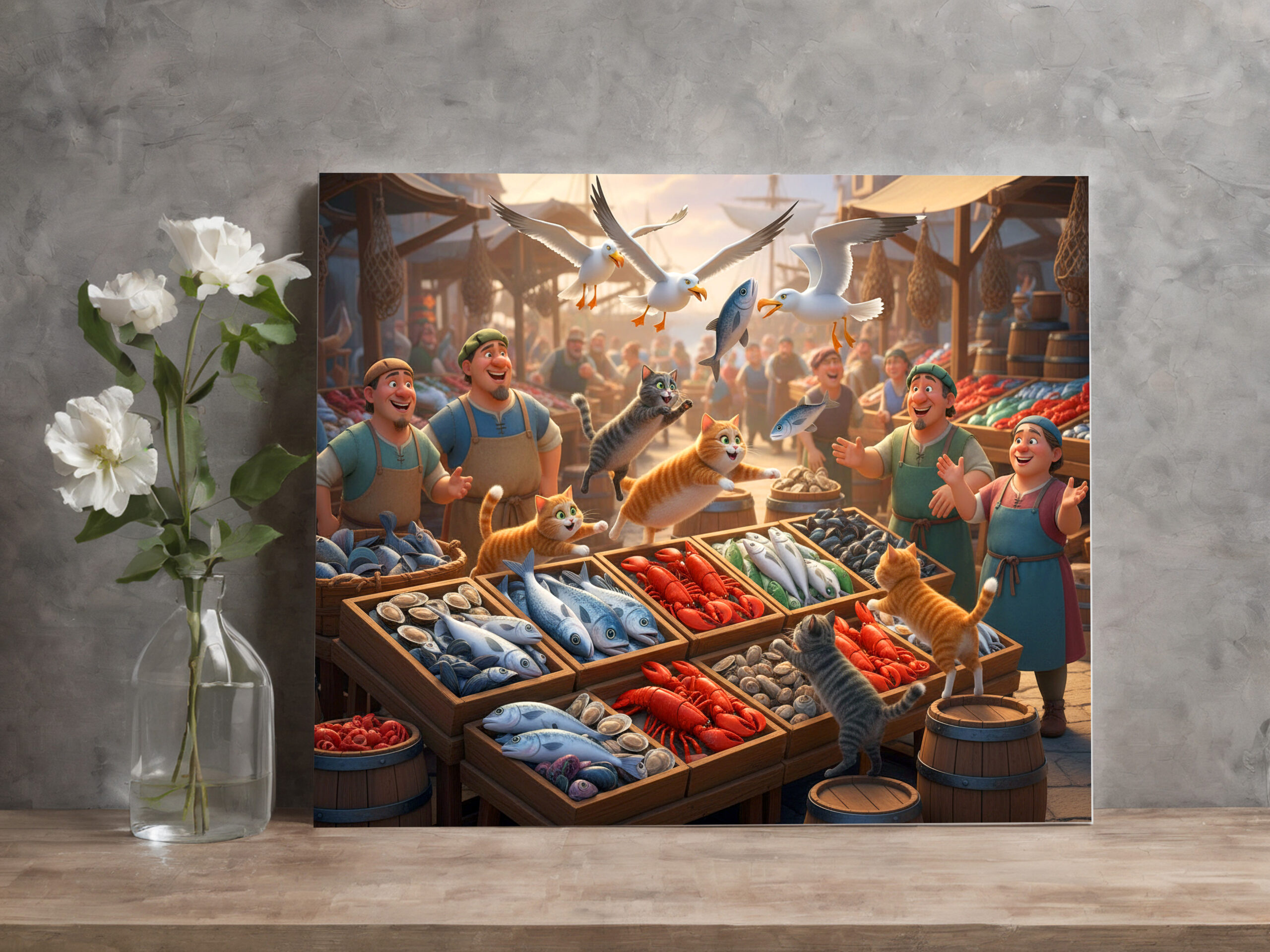 raxxa Canva: Fischfang mal anders - lustiges Treiben von Katzen und Möwen auf dem Fischmarkt