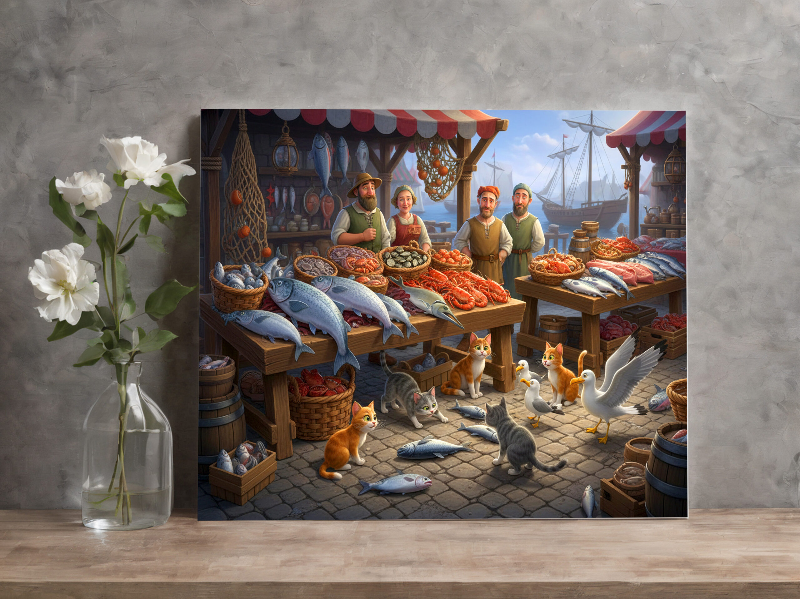 raxxa Canva: Fischmarkt im Mittelalter - Katzen und Möwen warten schon