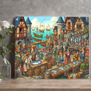 raxxa Canva: Fischmarkt im Mittelalter - Wimmelbild um den frischen Fisch