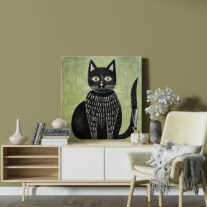 raxxa Canva: Black Folk Cat on Sage Green