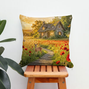 Kissen: Poppy Field Cottage with Wooden Path