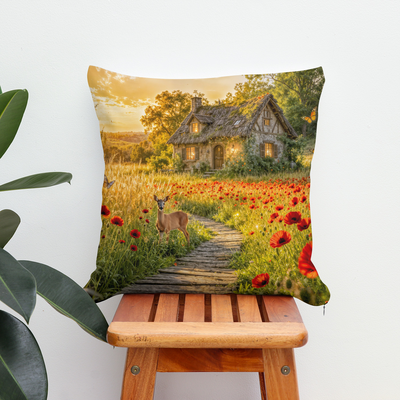 Kissen: Poppy Field Cottage with Wooden Path