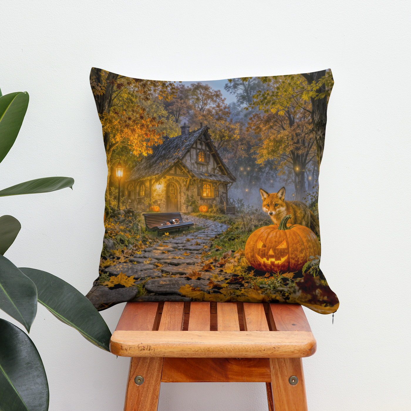 Kissen: Halloween Forest Cottage with Fox