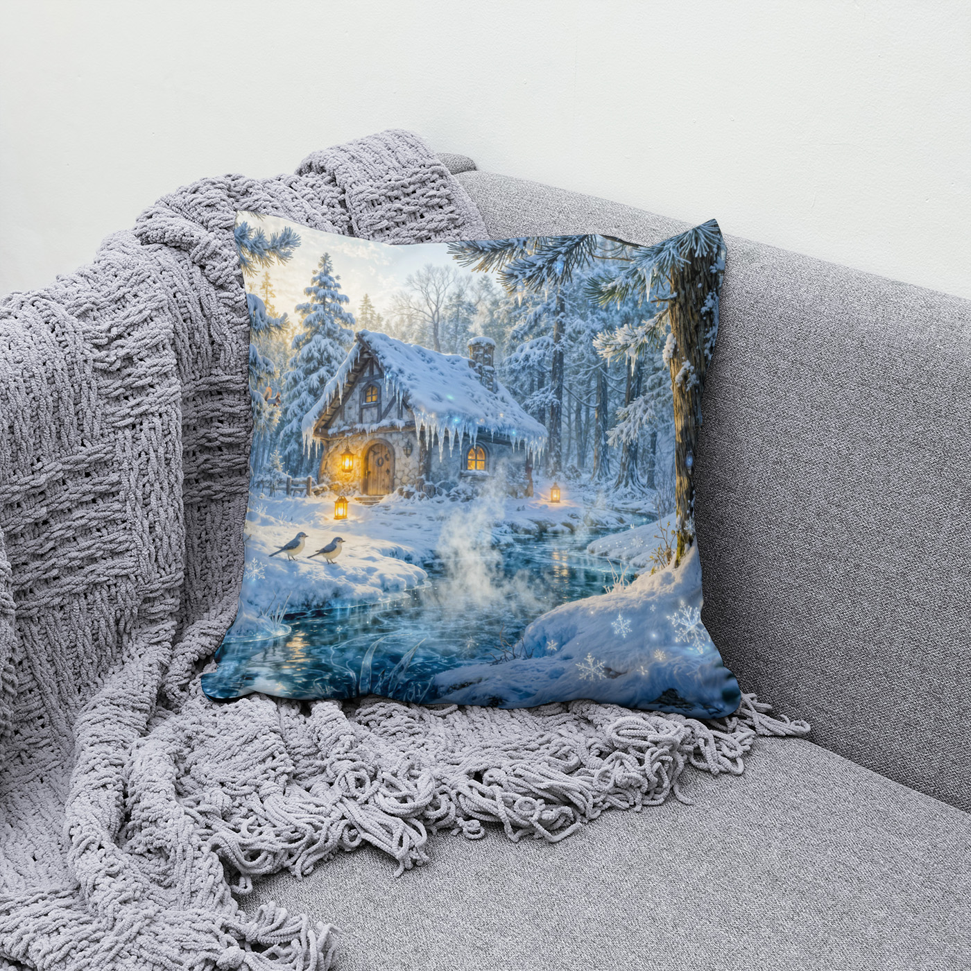 Kissen: Winter Cottage by the Forest Stream