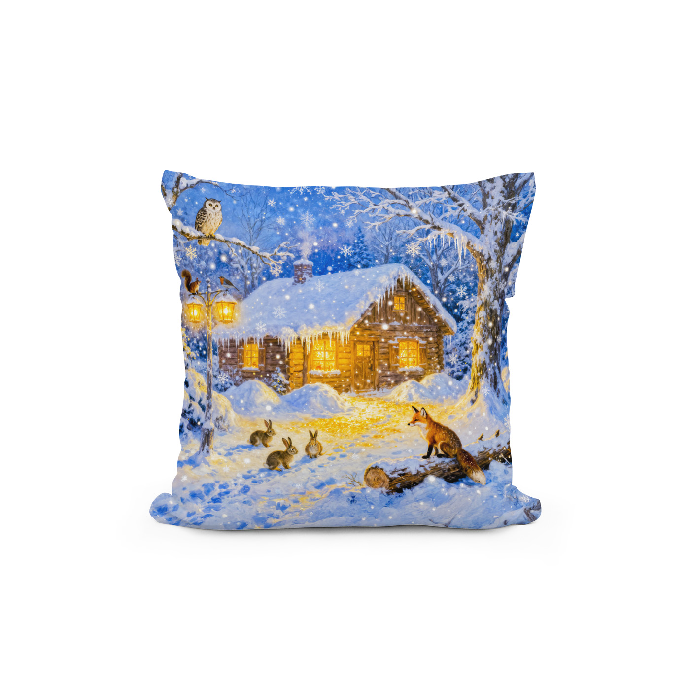Kissen: Winter Forest Cottage with Woodland Animals – Bild 2