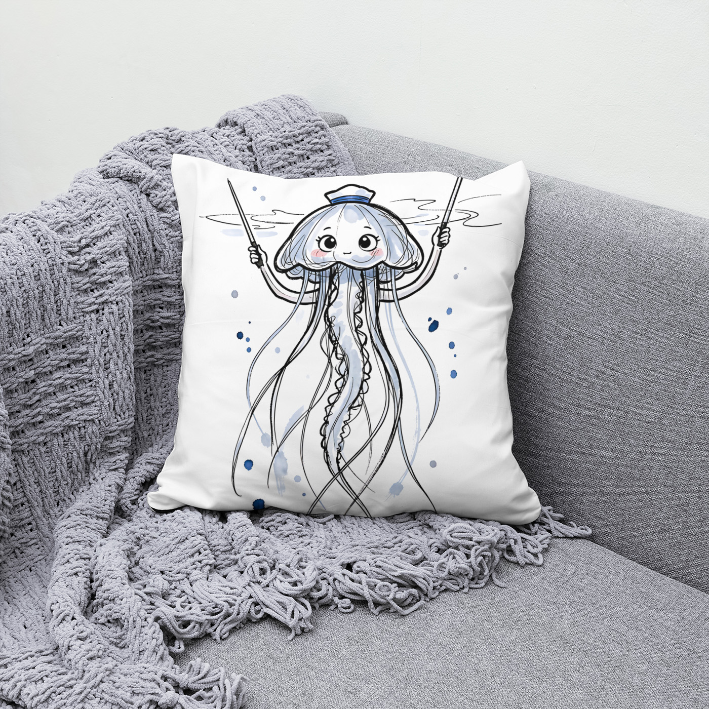 Kissen: Jellyfish Conductor Leading Rhythm in Marine Ink Illustration