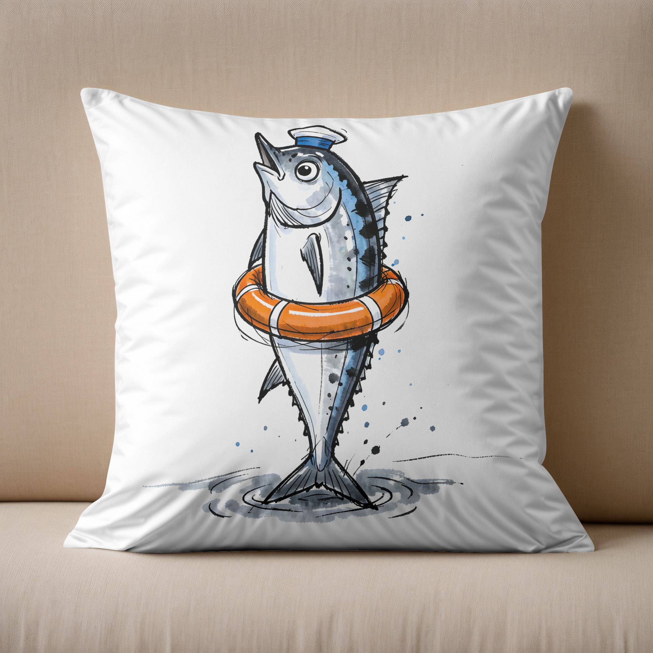 Kissen: Herring with Lifebuoy in Marine Ink Illustration
