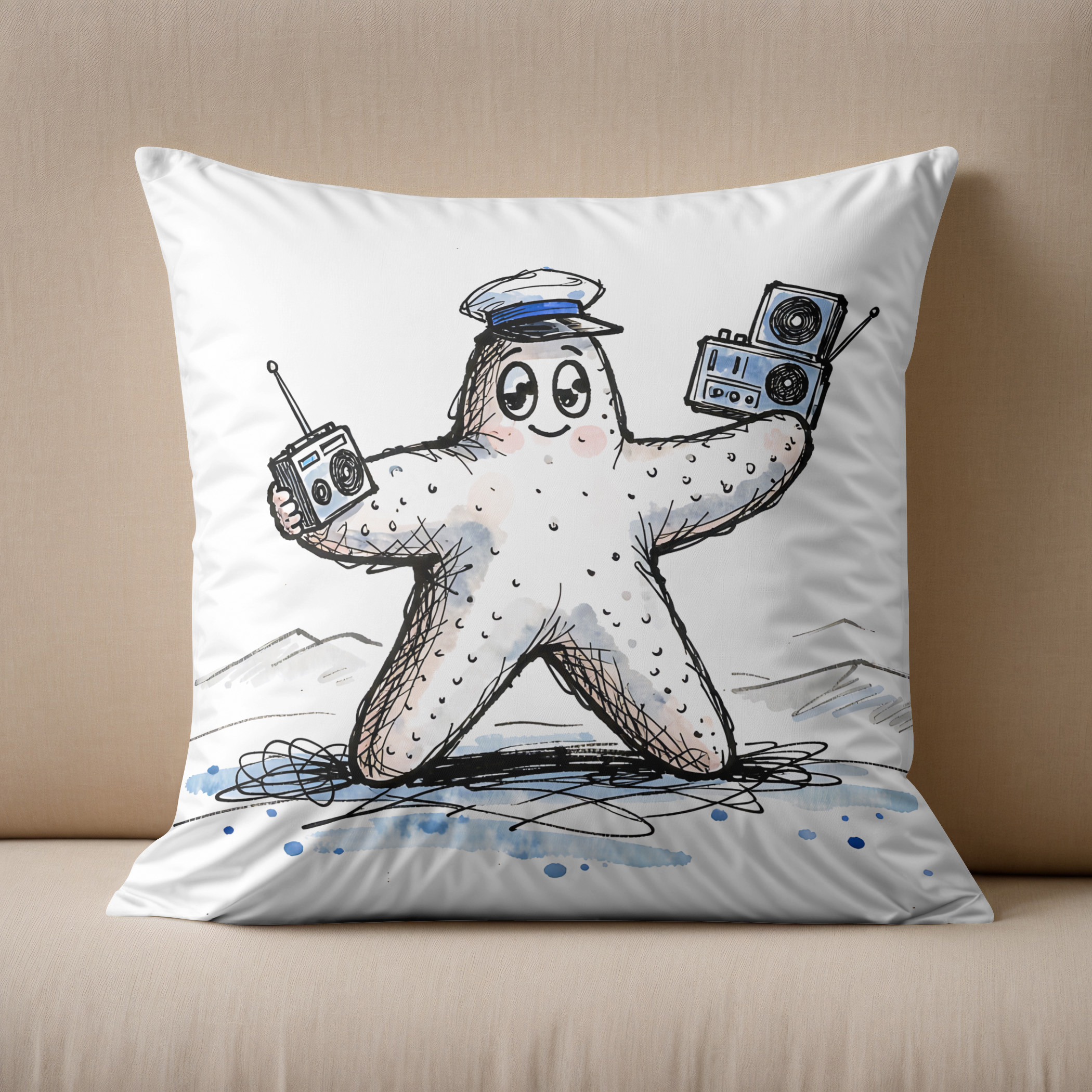 Kissen: Starfish Grooving with Radios in Coastal Ink Illustration