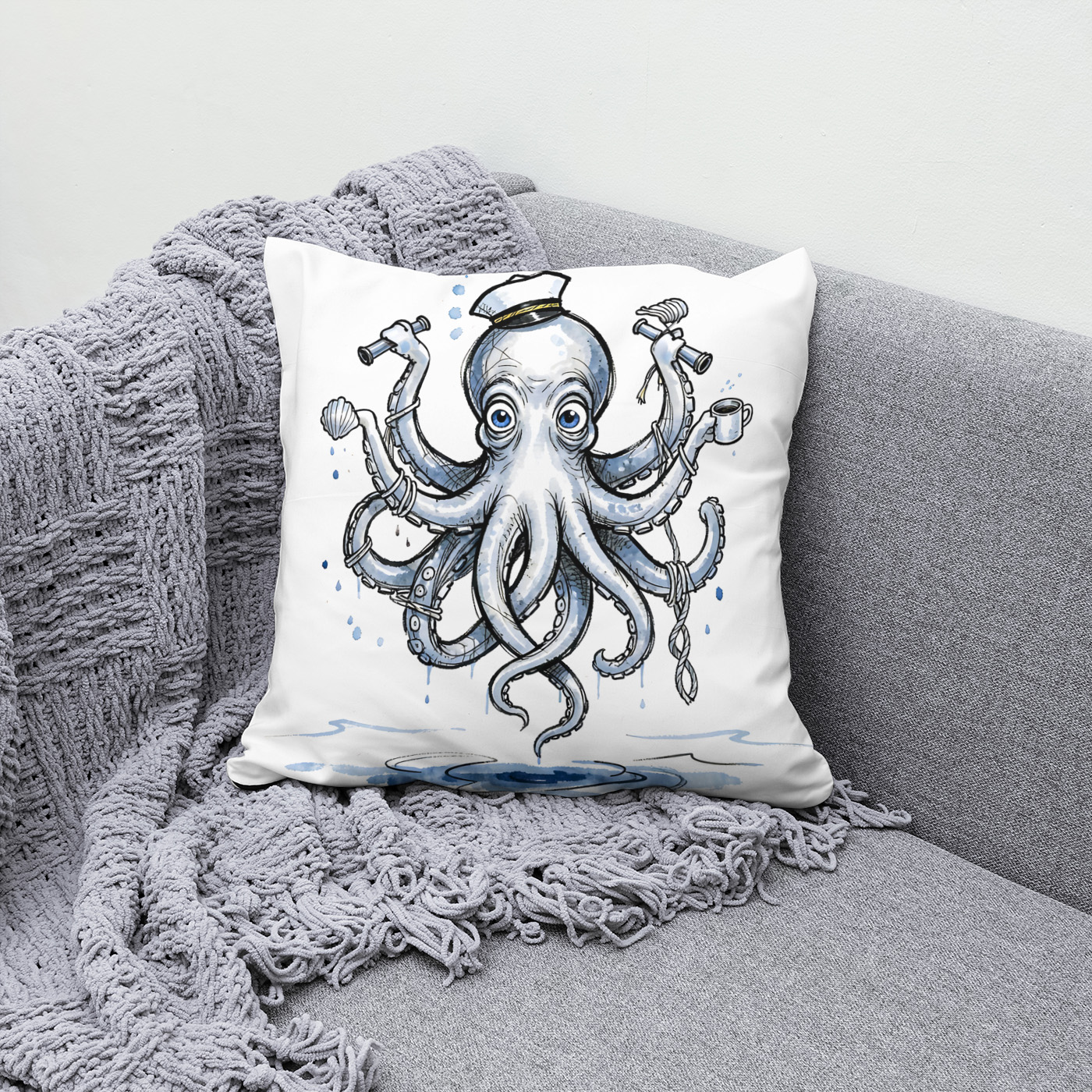 Kissen: Octopus Juggling Anchors in Playful Marine Ink Illustration