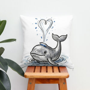 Kissen: Joyful Whale Spraying Heart Fountain Marine Ink Illustration