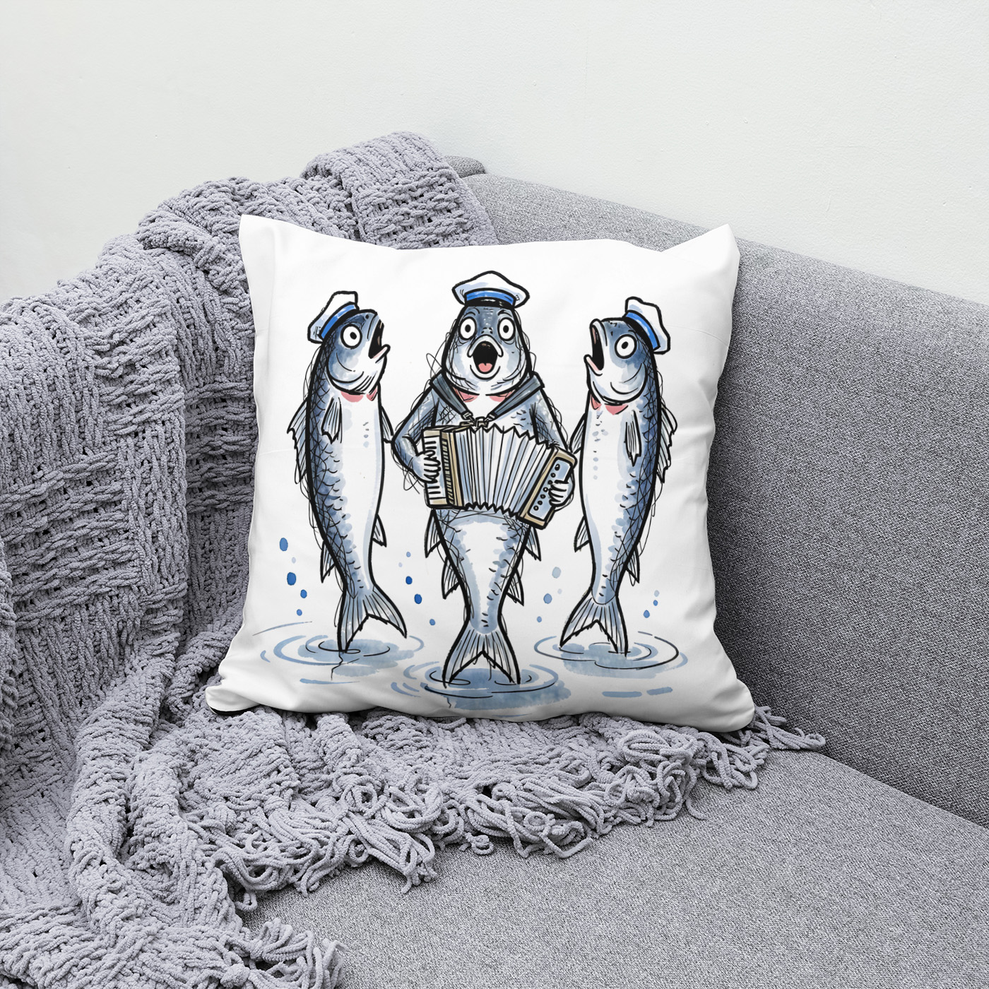 Kissen: Cod Leading Chanty Choir in Marine Ink Illustration