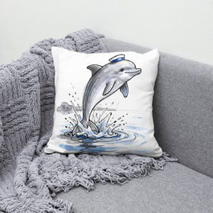 Kissen: Playful Dolphin Leaping High in Marine Ink Illustration
