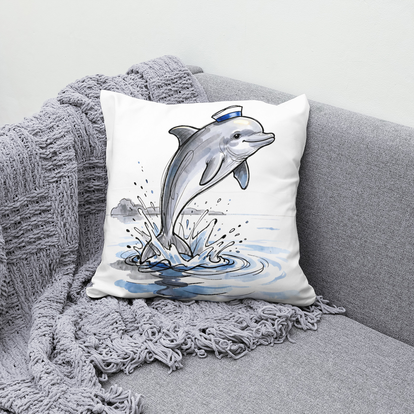 Kissen: Playful Dolphin Leaping High in Marine Ink Illustration